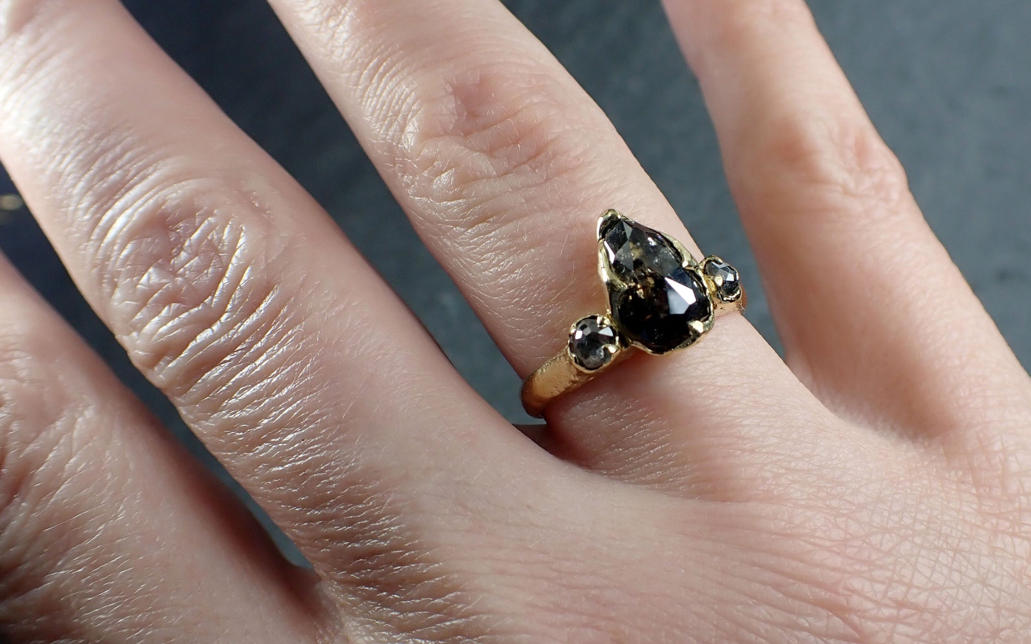 Fancy cut Salt and Pepper Diamond Engagement 18k Yellow Gold Multi stone Wedding Ring Stacking Rough Diamond Ring byAngeline 3016