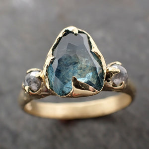 Partially faceted blue Montana Sapphire and fancy Diamonds 18k Yellow Gold Engagement Wedding Ring Gemstone Ring Multi stone Ring 3017