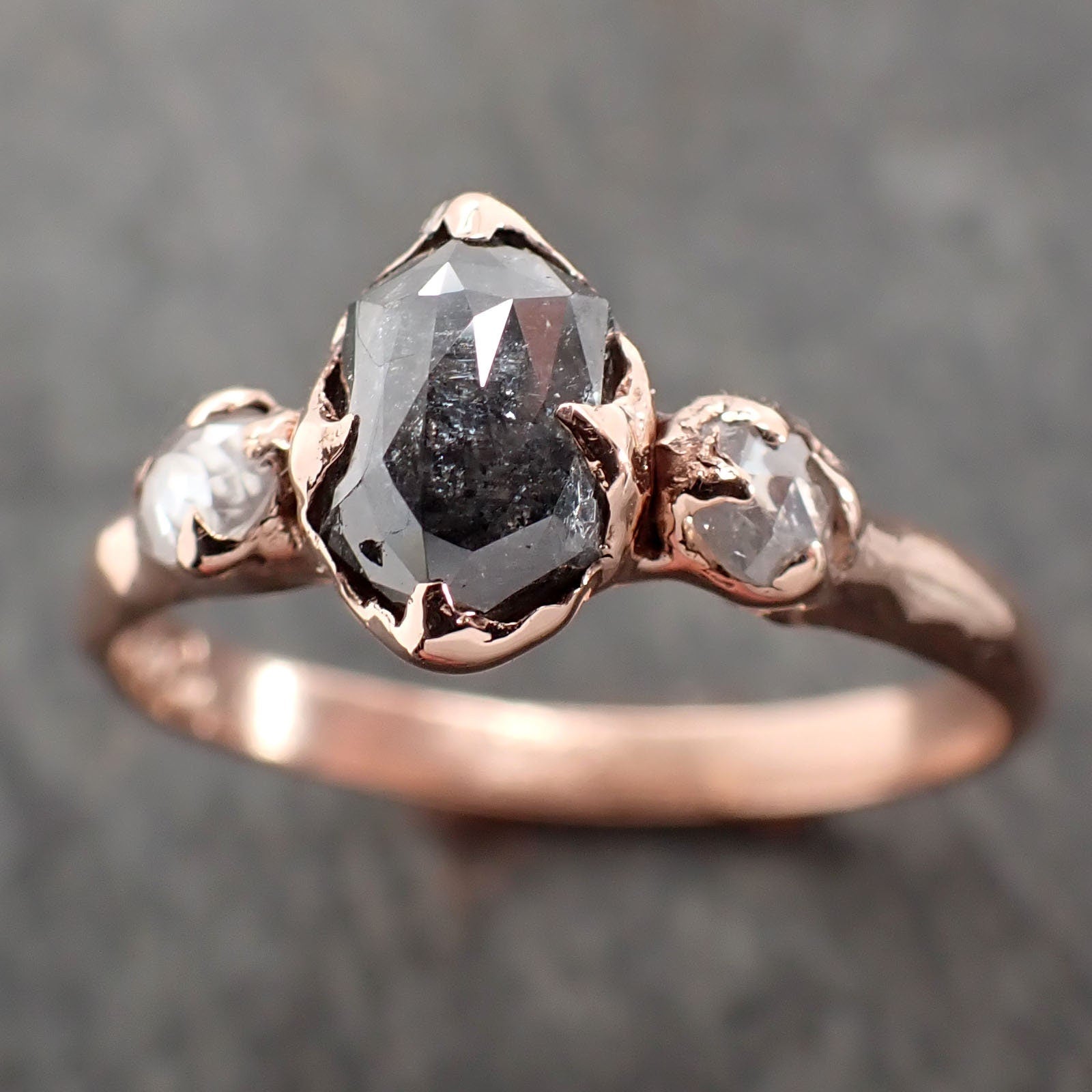 Fancy cut Salt and pepper Diamond Engagement 14k Rose Gold Multi stone Wedding Ring byAngeline 3006