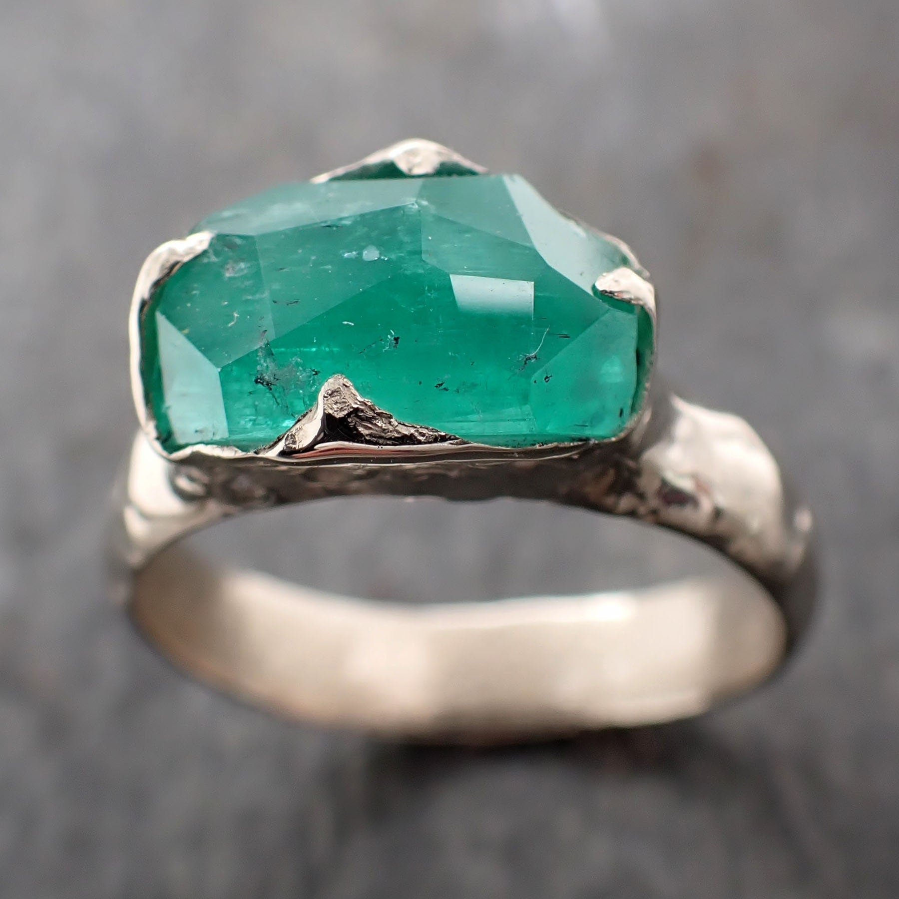 Partially Faceted Emerald Solitaire yellow 14k Gold Ring Birthstone One Of a Kind Gemstone Cocktail Ring Recycled 3025