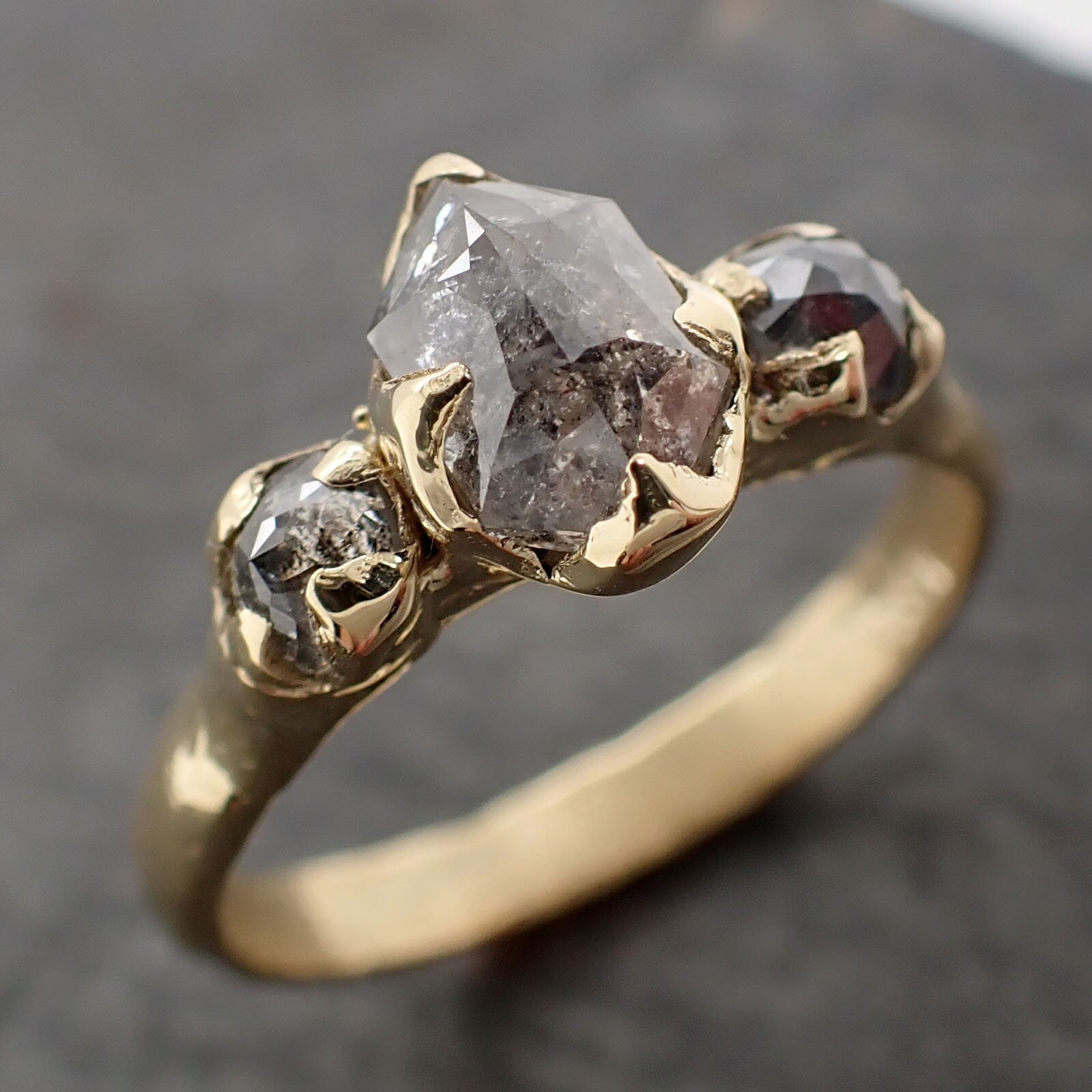 Fancy cut Salt and Pepper Diamond Engagement 18k Yellow Gold Multi stone Wedding Ring Stacking Rough Diamond Ring byAngeline 3015
