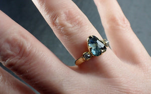 Partially faceted blue Montana Sapphire and fancy Diamonds 18k Yellow Gold Engagement Wedding Ring Gemstone Ring Multi stone Ring 3017
