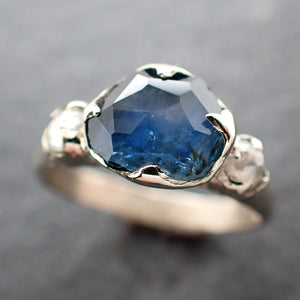 Partially faceted Montana Sapphire and fancy Diamonds 14k White Gold Engagement Wedding Ring Custom Gemstone Ring Multi stone Ring 3028