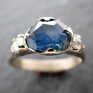 Partially faceted Montana Sapphire and fancy Diamonds 14k White Gold Engagement Wedding Ring Custom Gemstone Ring Multi stone Ring 3028