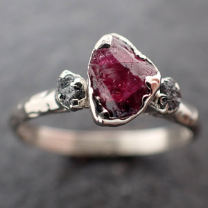 Raw Rough Black Diamond Ruby Multi Stone Ring 14k White Gold red Gemstone Engagement birthstone Ring byAngeline 3043