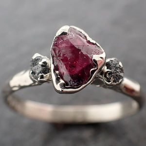 Raw Rough Black Diamond Ruby Multi Stone Ring 14k White Gold red Gemstone Engagement birthstone Ring byAngeline 3043