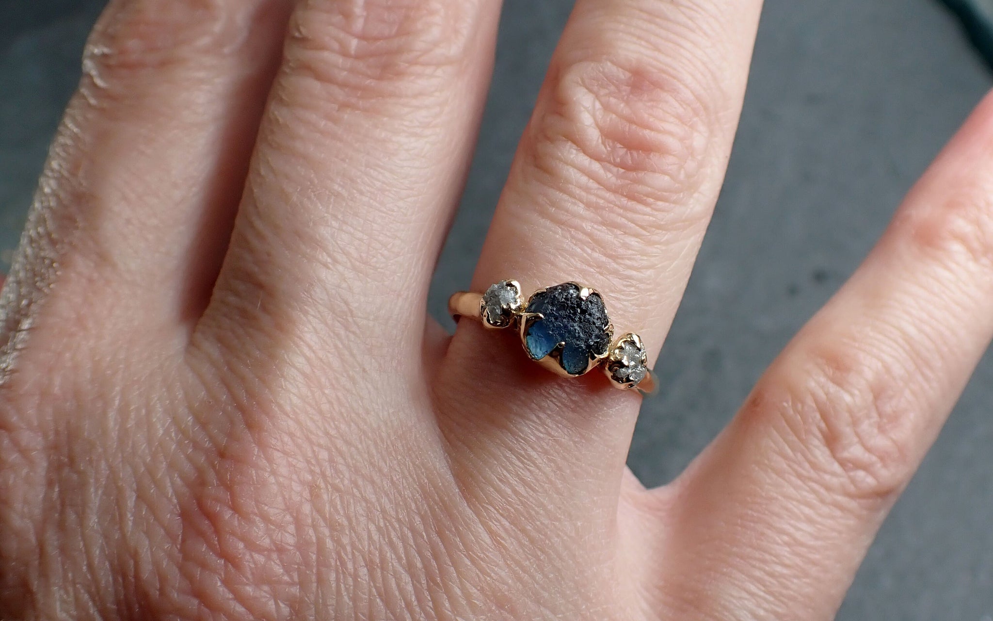 Raw blue Sapphire rough  Diamond 14k Gold Engagement Ring Wedding Ring Custom One Of a Kind Gemstone Ring Three stone  byAngeline 3045