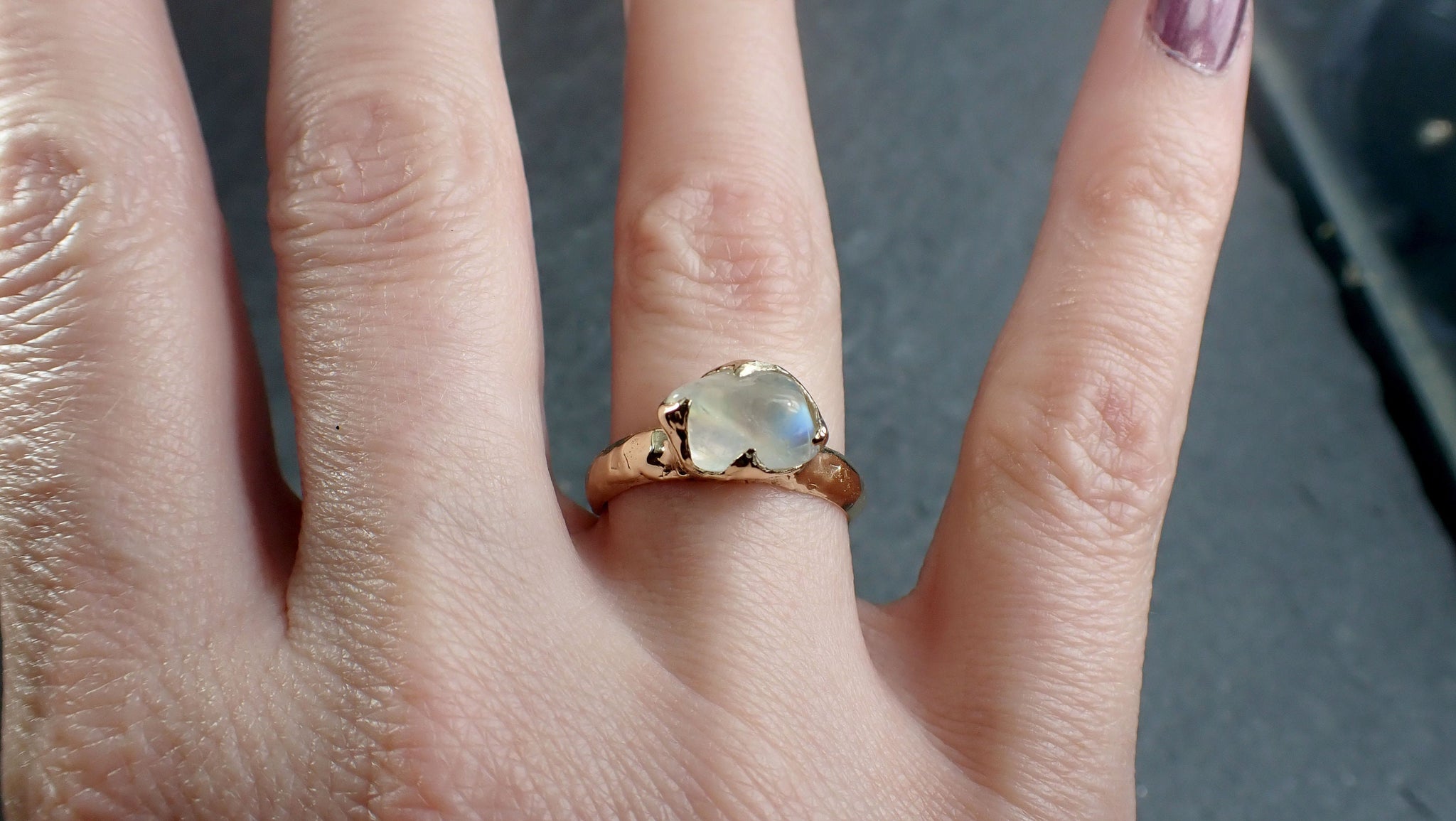 tumbled Moonstone Yellow Gold Ring Gemstone Solitaire recycled 14k statement cocktail statement 3020