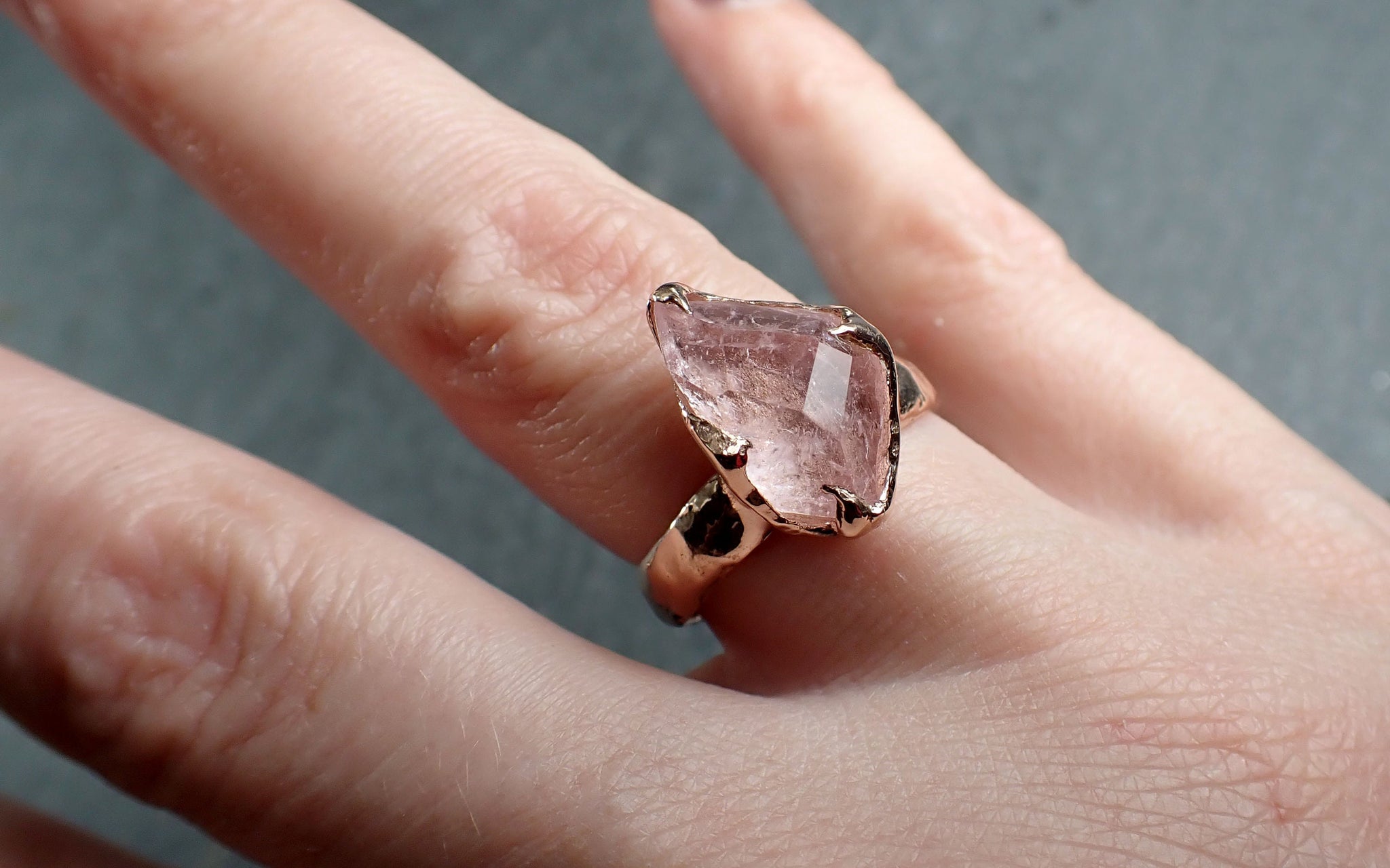 Morganite partially faceted 14k Rose gold solitaire Pink Gemstone Cocktail Ring Statement Ring gemstone Jewelry by Angeline 3049