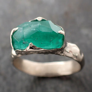 Partially Faceted Emerald Solitaire yellow 14k Gold Ring Birthstone One Of a Kind Gemstone Cocktail Ring Recycled 3025