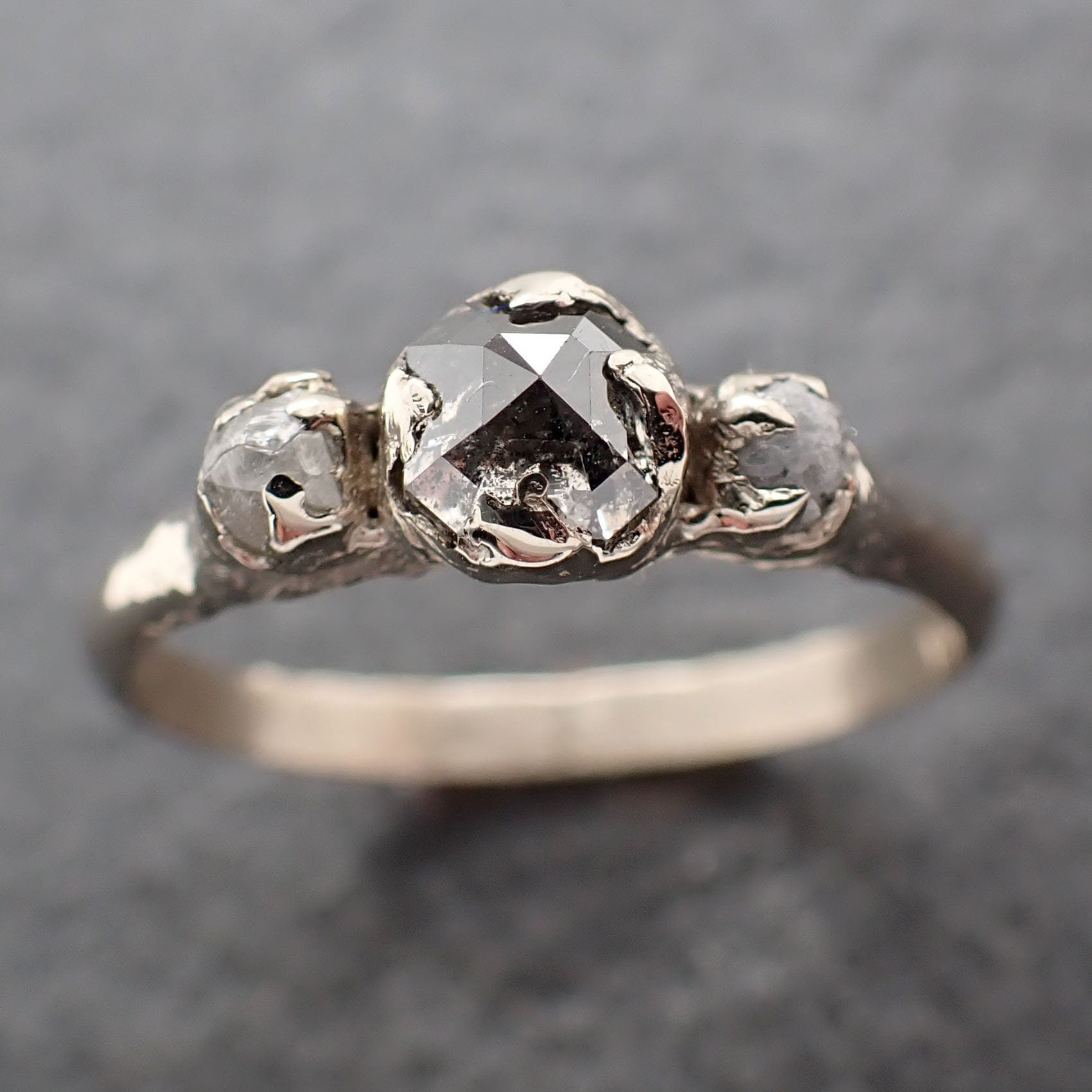 Fancy cut salt and pepper Diamond Multi stone Engagement 14k White Gold Wedding Ring Rough Diamond Ring byAngeline 3068