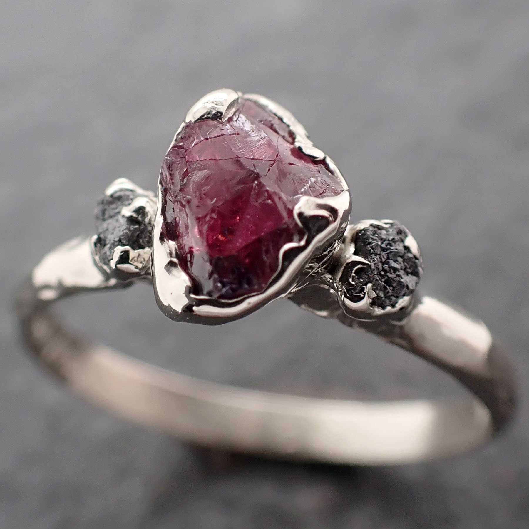 Raw Rough Black Diamond Ruby Multi Stone Ring 14k White Gold red Gemstone Engagement birthstone Ring byAngeline 3043