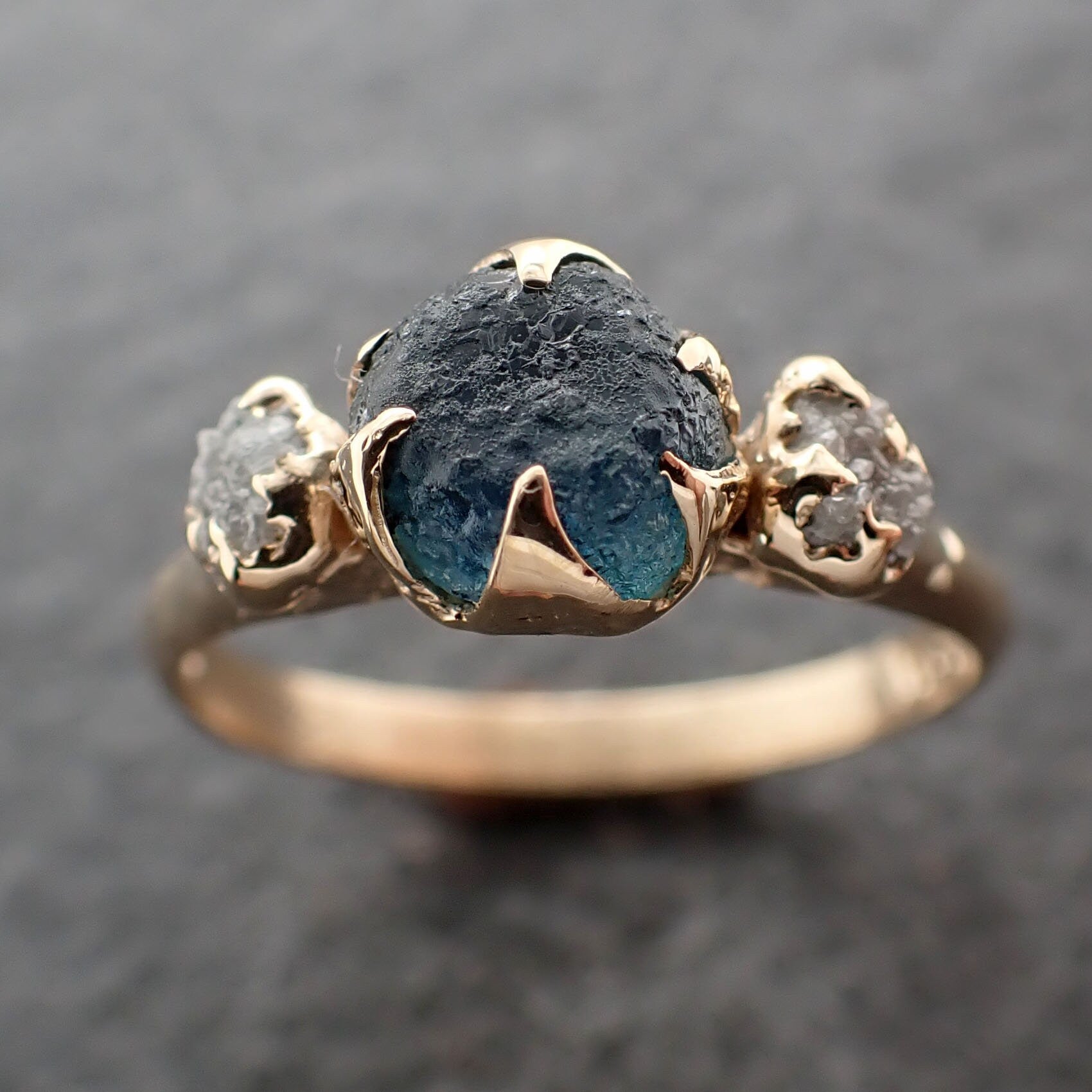 Raw blue Sapphire rough  Diamond 14k Gold Engagement Ring Wedding Ring Custom One Of a Kind Gemstone Ring Three stone  byAngeline 3045