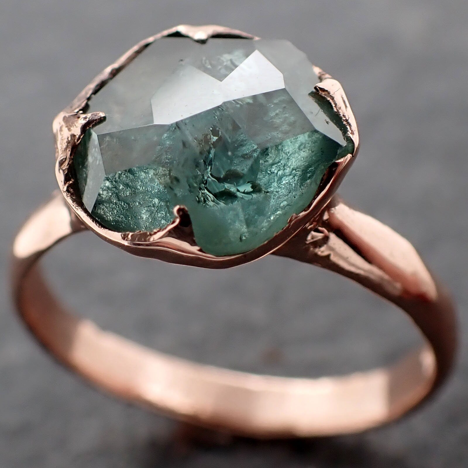 Partially Faceted Montana blue green Sapphire Rose gold Solitaire Ring Gold Gemstone Engagement Ring 3051