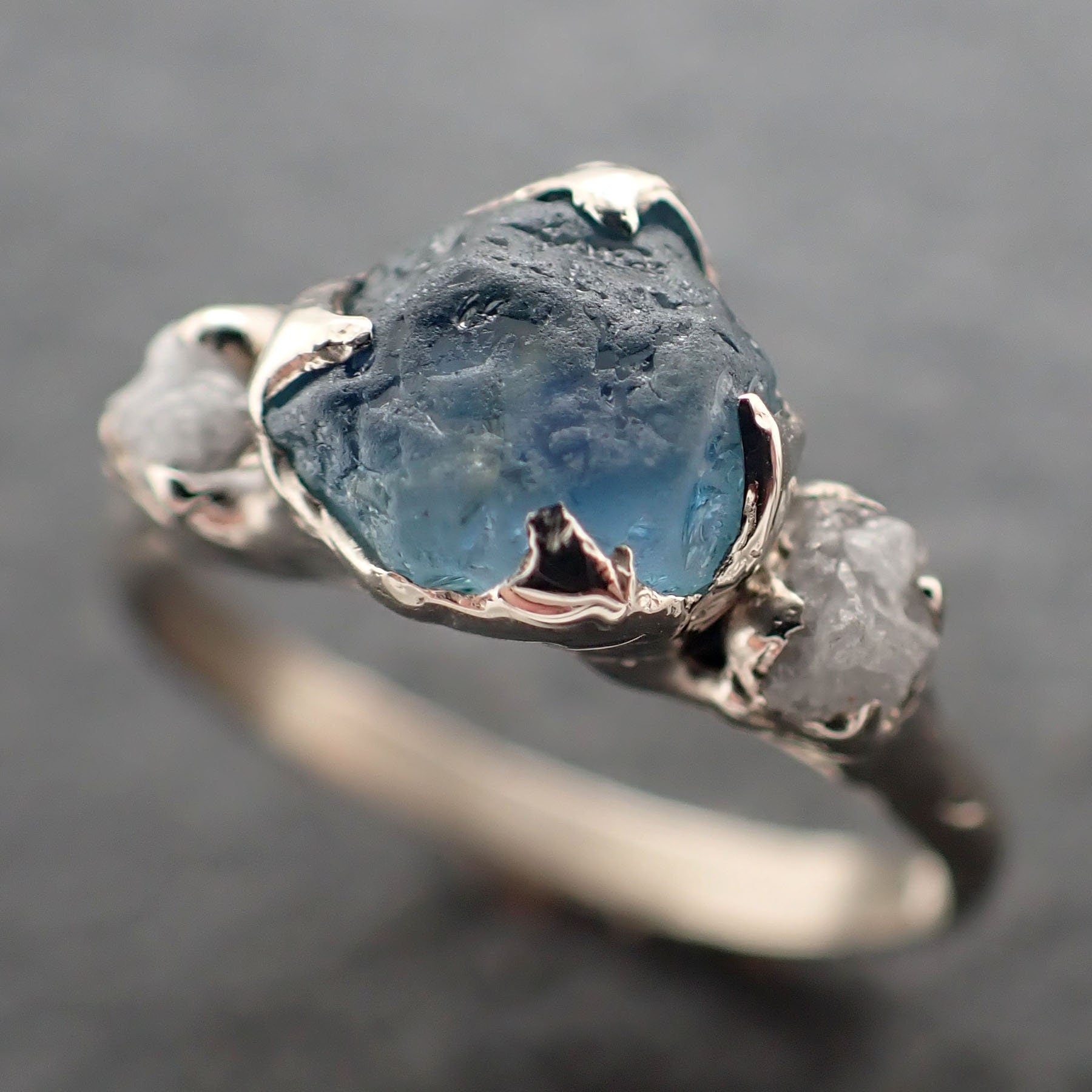 Raw blue Montana Sapphire Diamond White Gold Engagement Wedding Ring Custom One Of a Kind Gemstone Multi stone Ring 3087