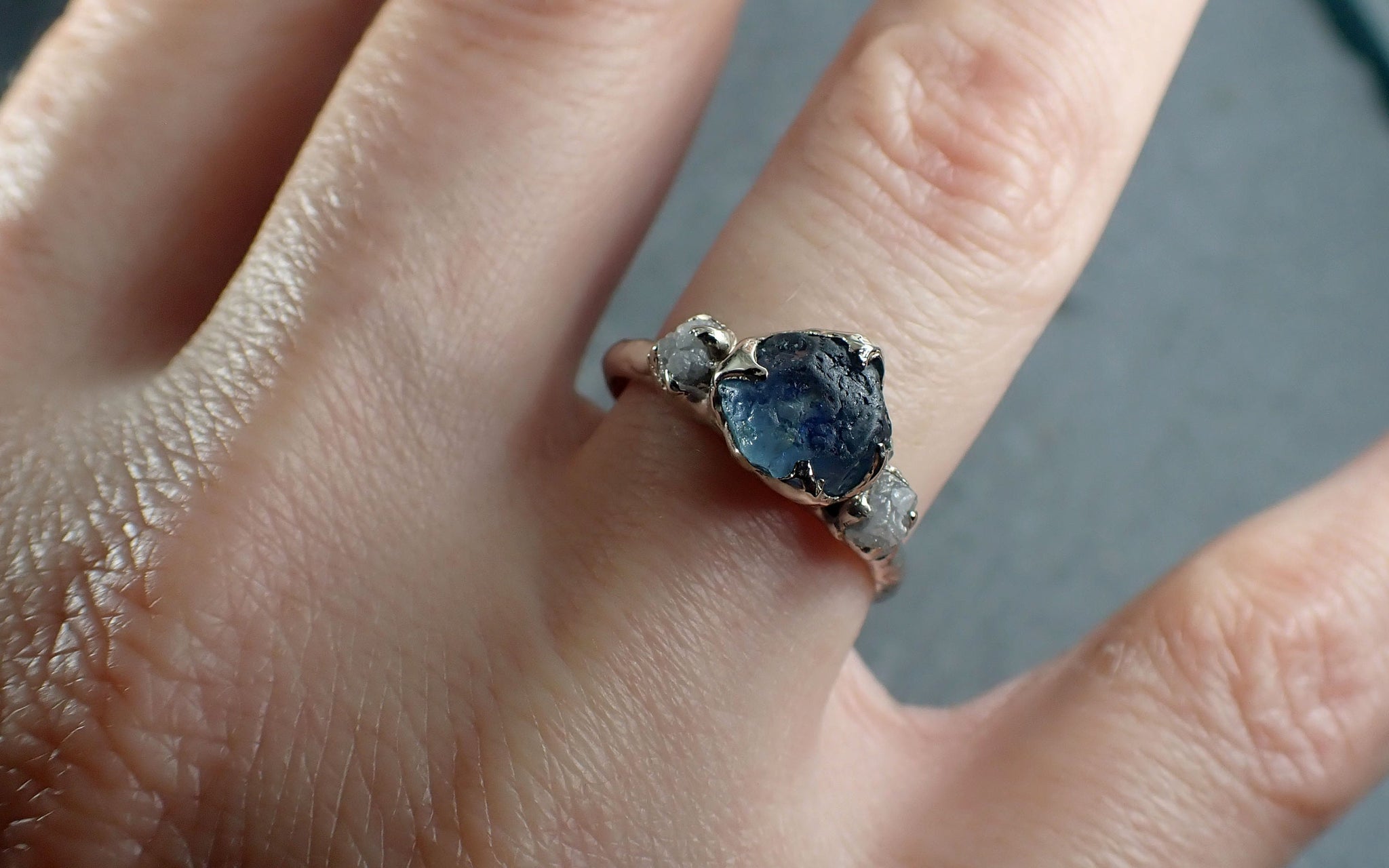 Raw blue Montana Sapphire Diamond White Gold Engagement Wedding Ring Custom One Of a Kind Gemstone Multi stone Ring 3087