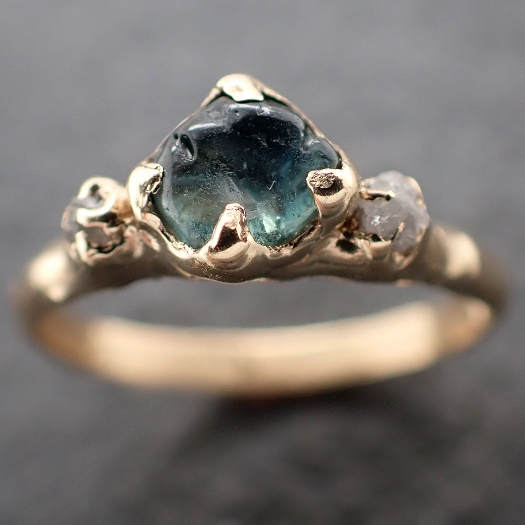 tumbled blue green Sapphire yellow 14k gold Multi stone polished gemstone ring 3165