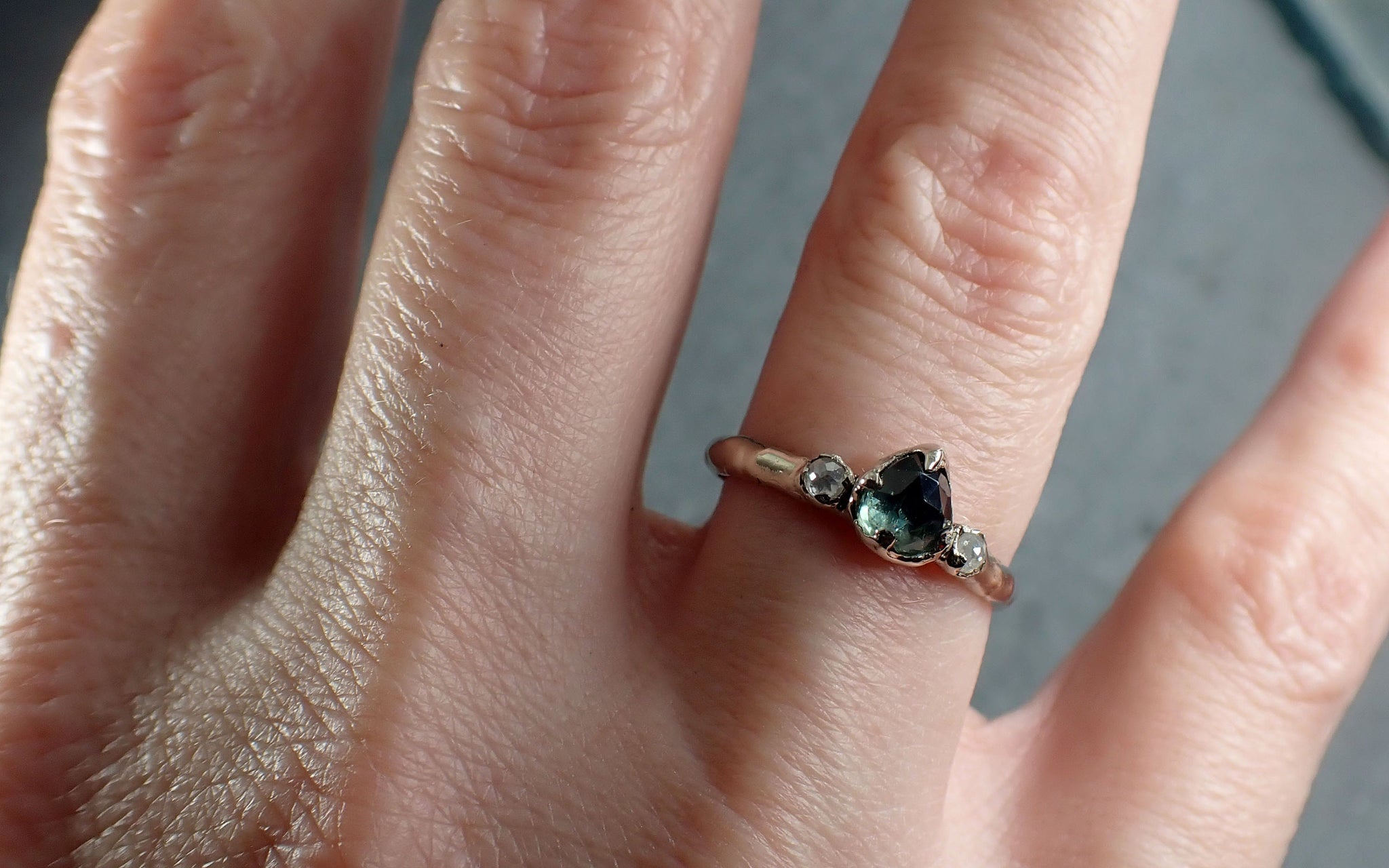 Fancy cut blue green Montana Sapphire and fancy Diamonds 14k White Gold Engagement Wedding Ring Gemstone Ring Multi stone Ring 3172