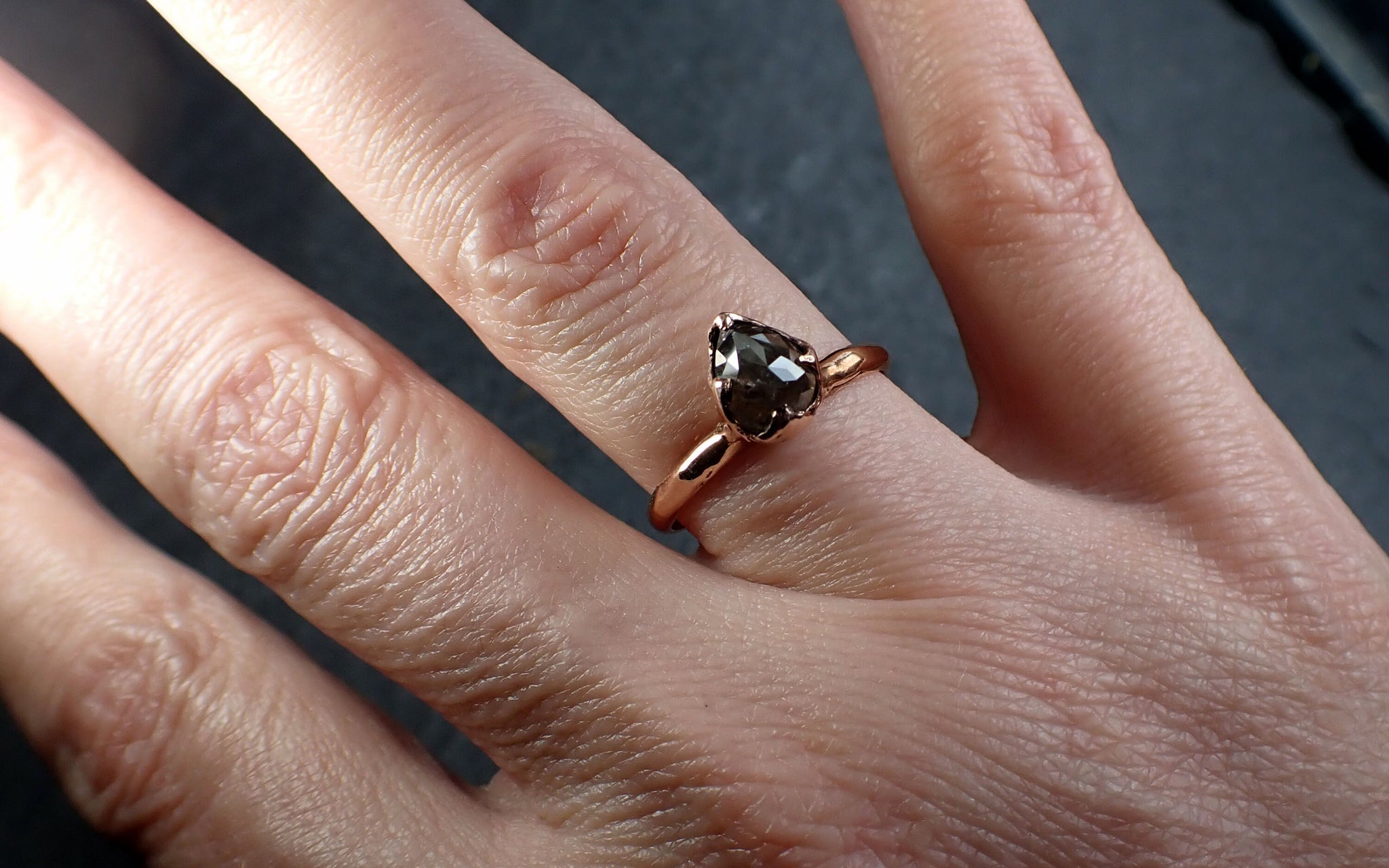 Faceted Fancy cut Salt and Pepper Diamond Solitaire Engagement 14k Rose Gold Wedding Ring byAngeline 3191