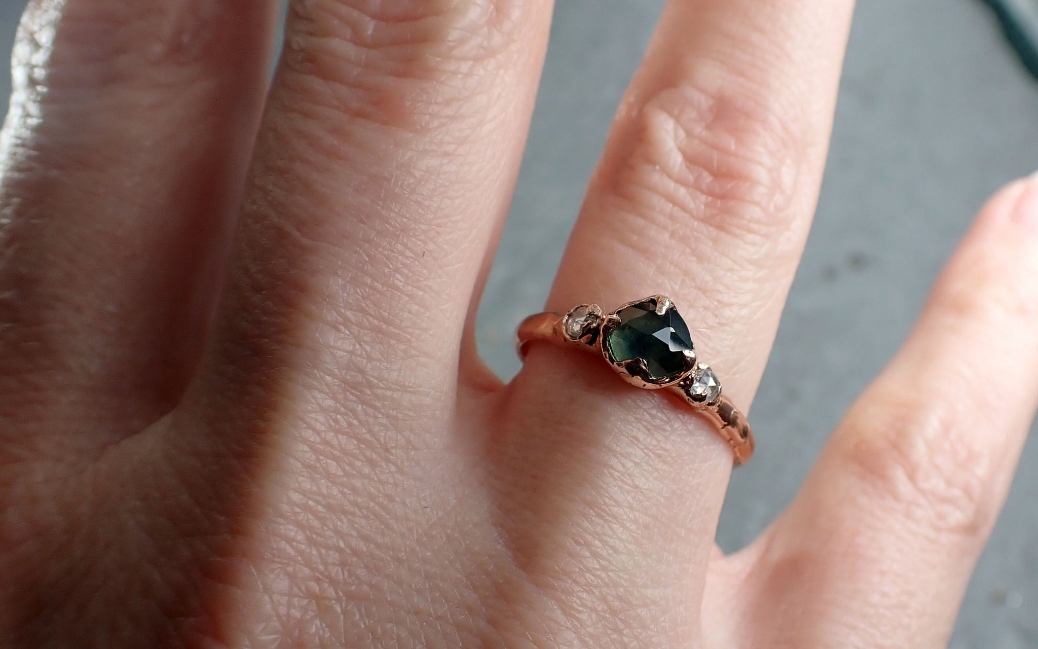 Fancy cut Montana blue green Sapphire Rose gold Multi stone Ring Gold Gemstone Engagement Ring 3183