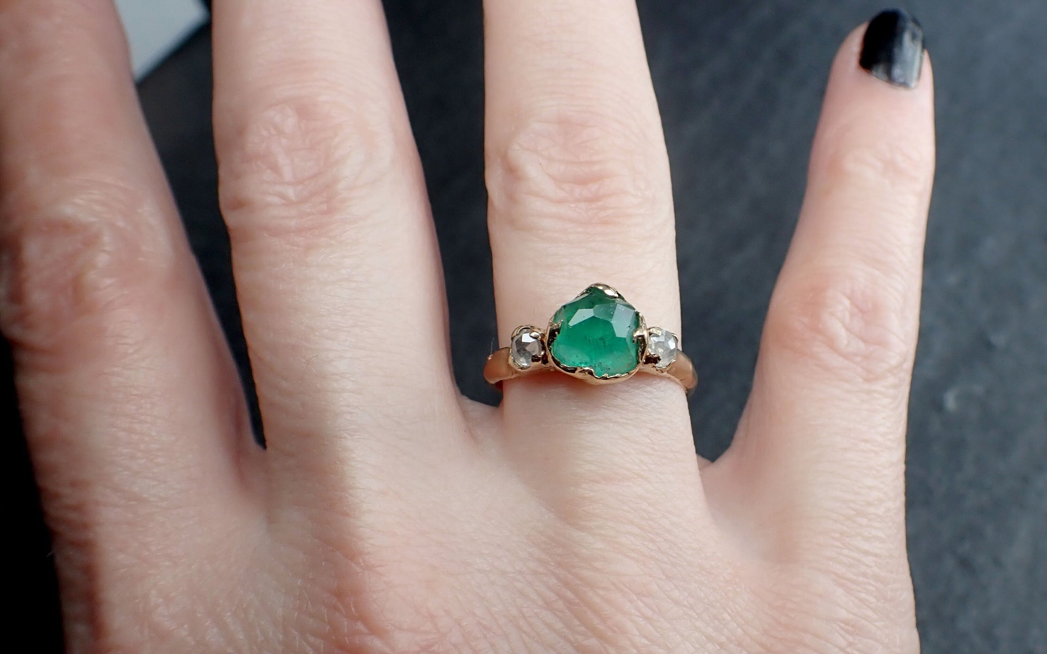 Partially faceted Three Stone Emerald rough diamond Engagement Ring 14k gold Multi stone Wedding Birthstone Ring byAngeline 3241
