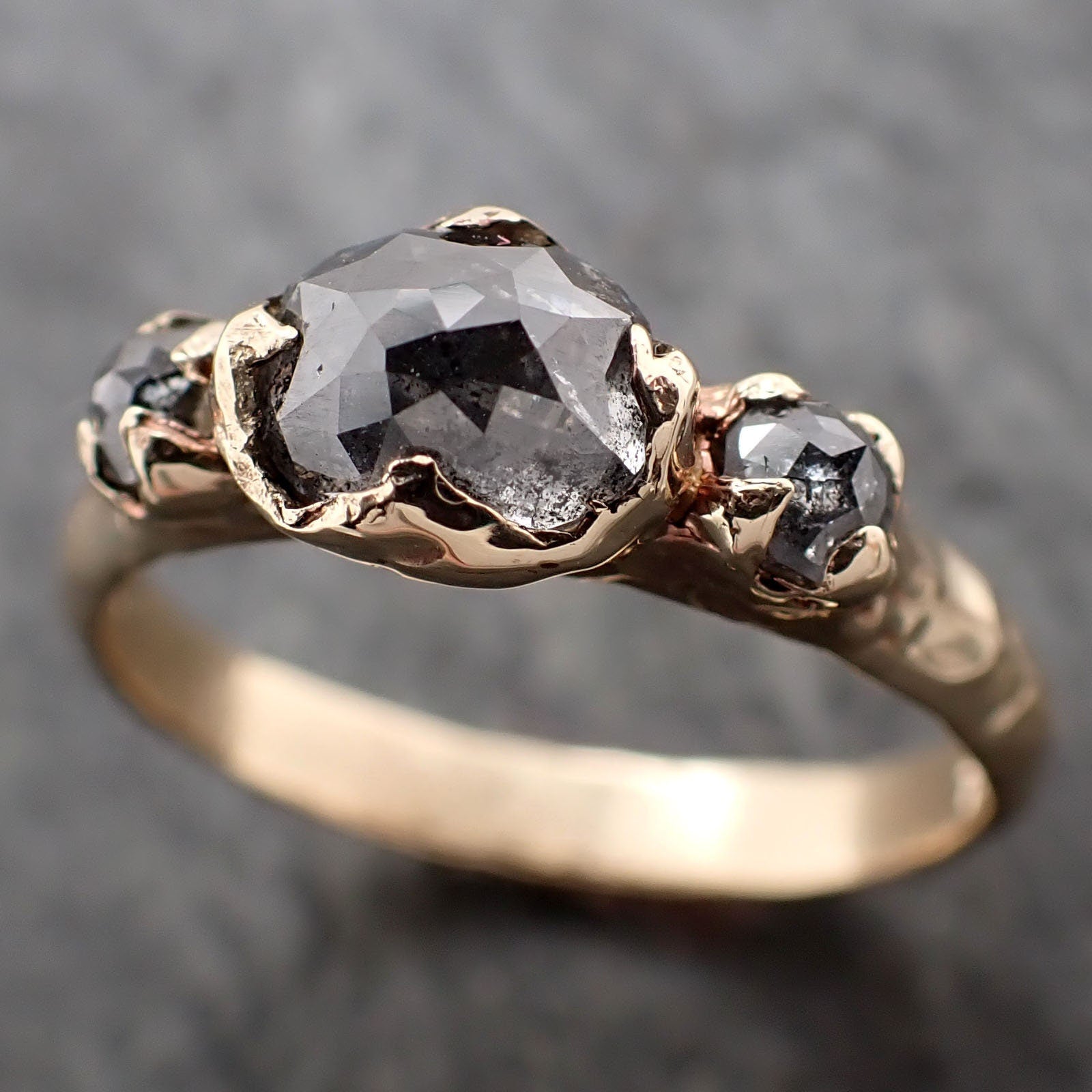 Fancy cut Salt and Pepper Diamond Engagement 14k Yellow Gold Multi stone Wedding Ring Stacking Rough Diamond Ring byAngeline 3246