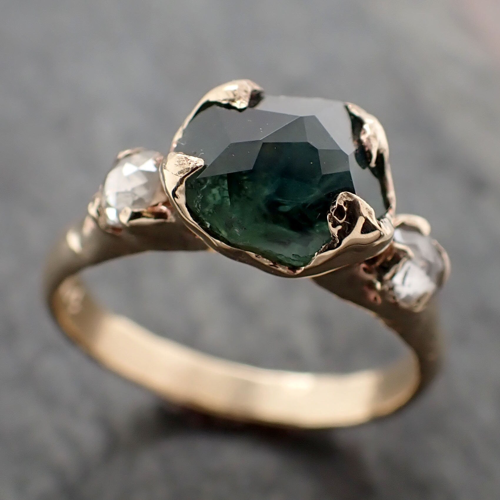 Partially faceted blue green Montana Sapphire and fancy Diamonds 14k Yellow Gold Engagement Wedding Ring Gemstone Ring Multi stone Ring 3247