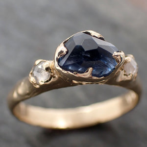 Partially faceted blue Sapphire and fancy Diamonds 14k Yellow Gold Engagement Wedding Ring Gemstone Ring Multi stone Ring 3252