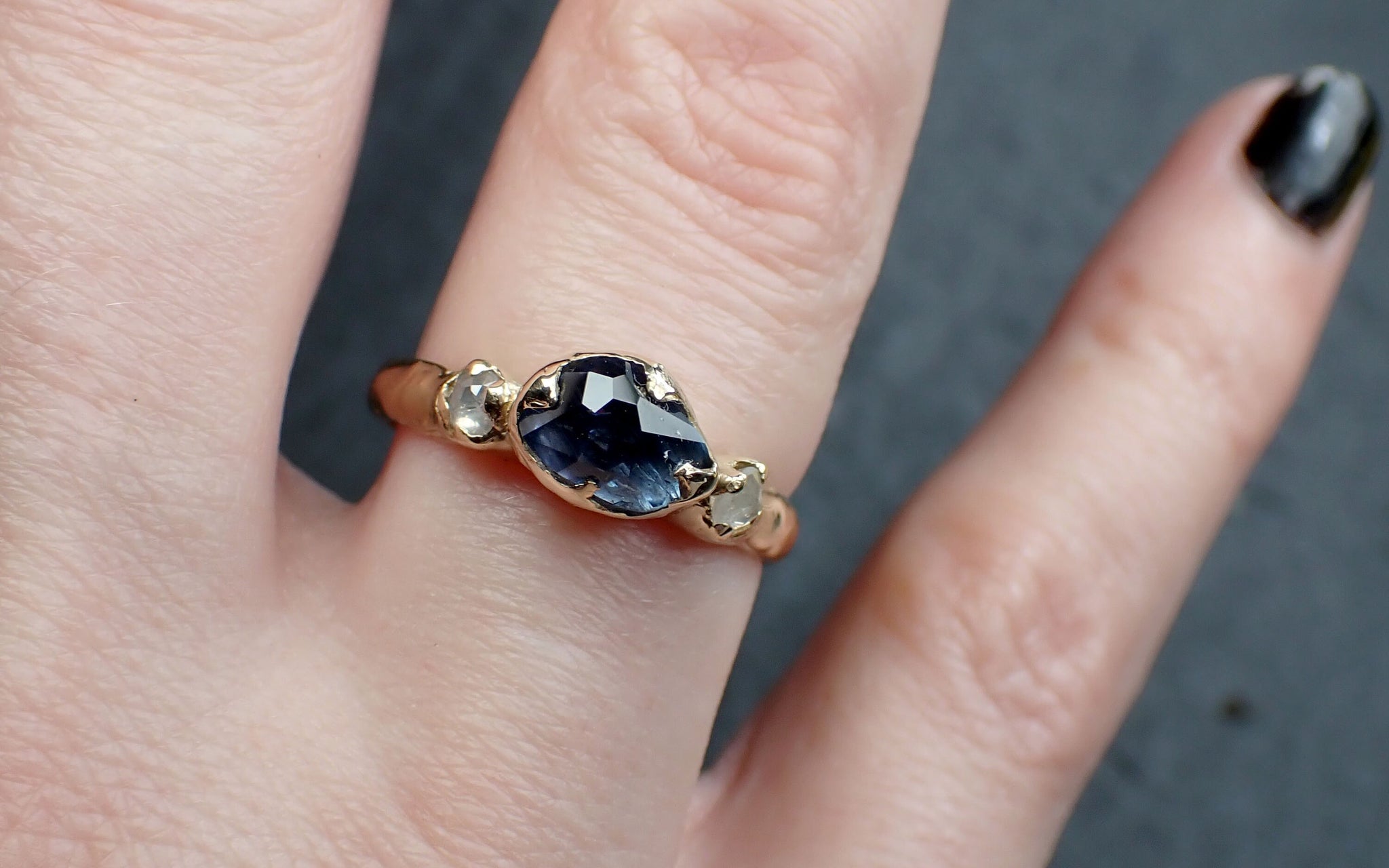 Partially faceted blue Sapphire and fancy Diamonds 14k Yellow Gold Engagement Wedding Ring Gemstone Ring Multi stone Ring 3252