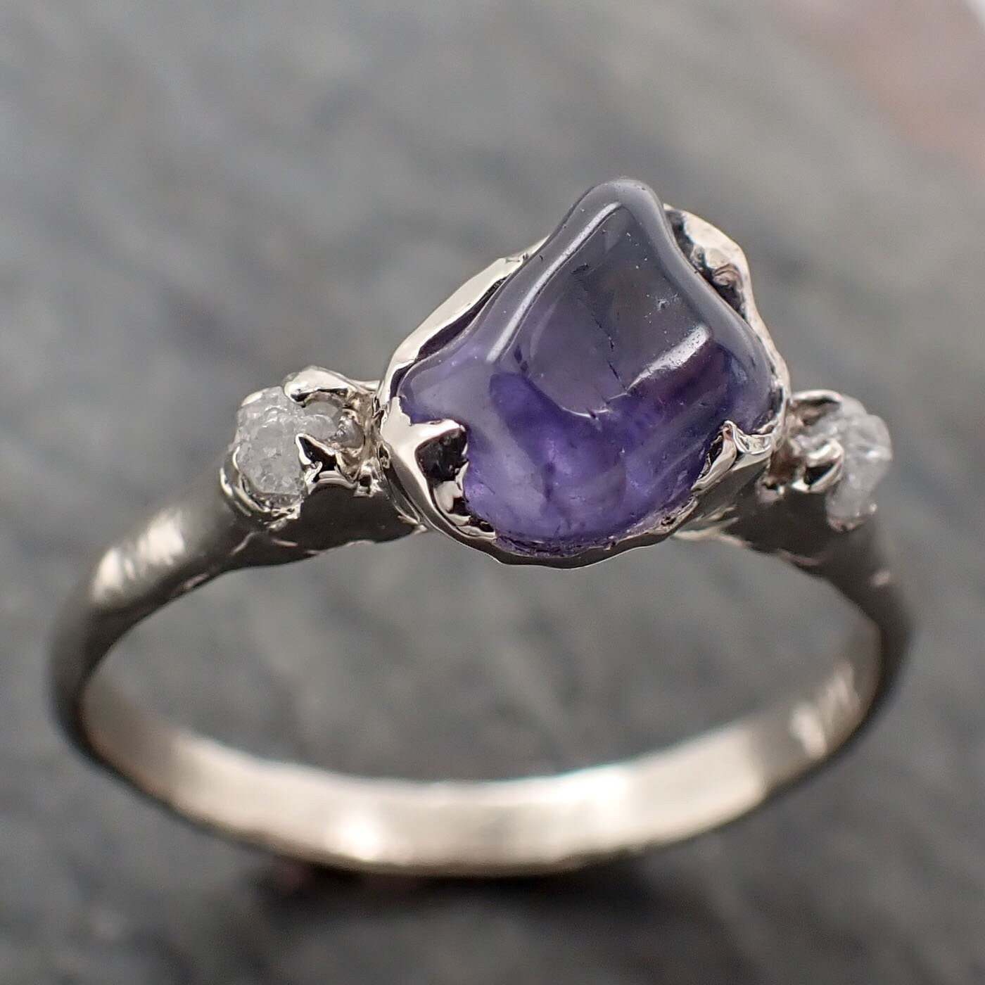 purple Sapphire tumbled polished White 14k gold multi stone gemstone ring 3258