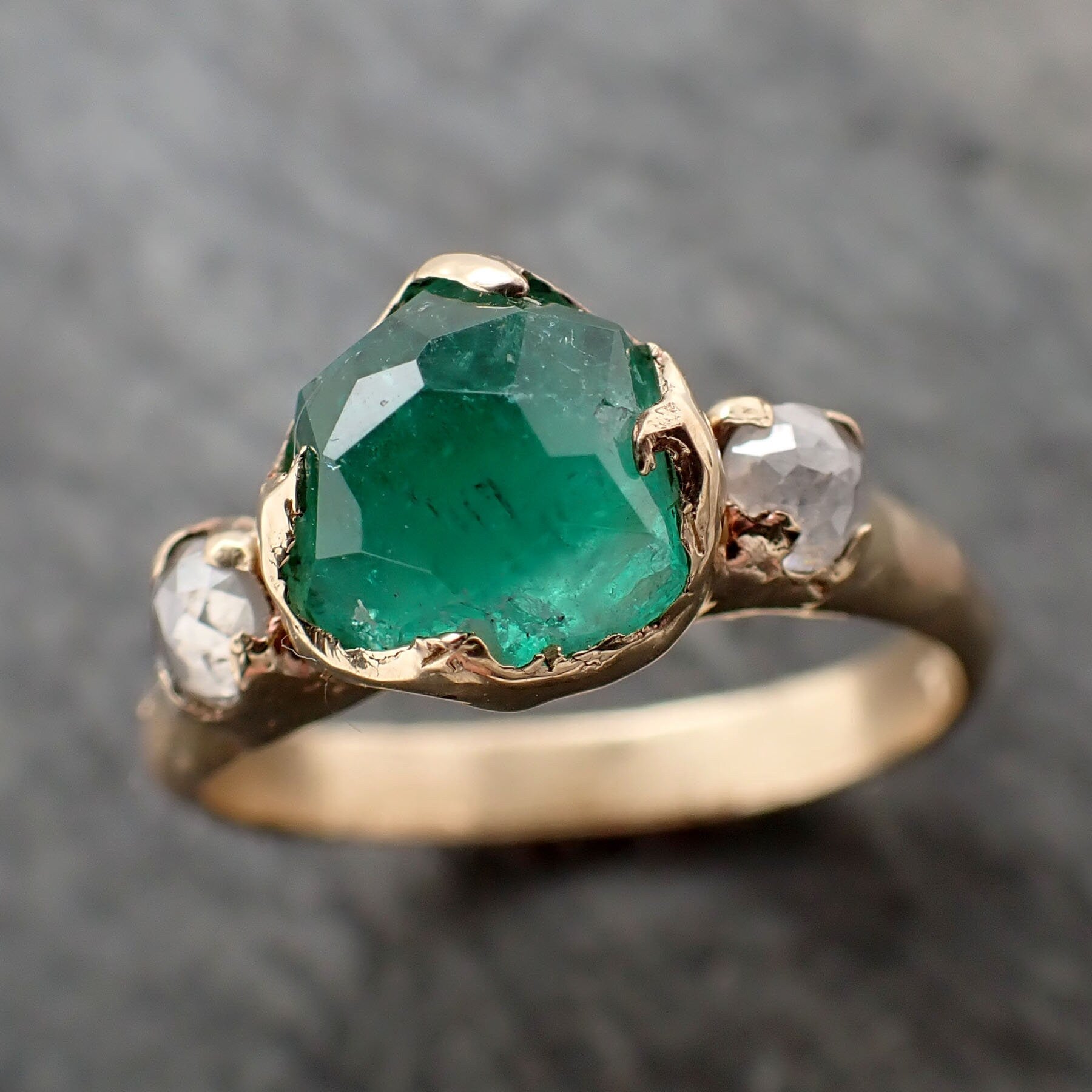 Partially faceted Three Stone Emerald rough diamond Engagement Ring 14k gold Multi stone Wedding Birthstone Ring byAngeline 3241