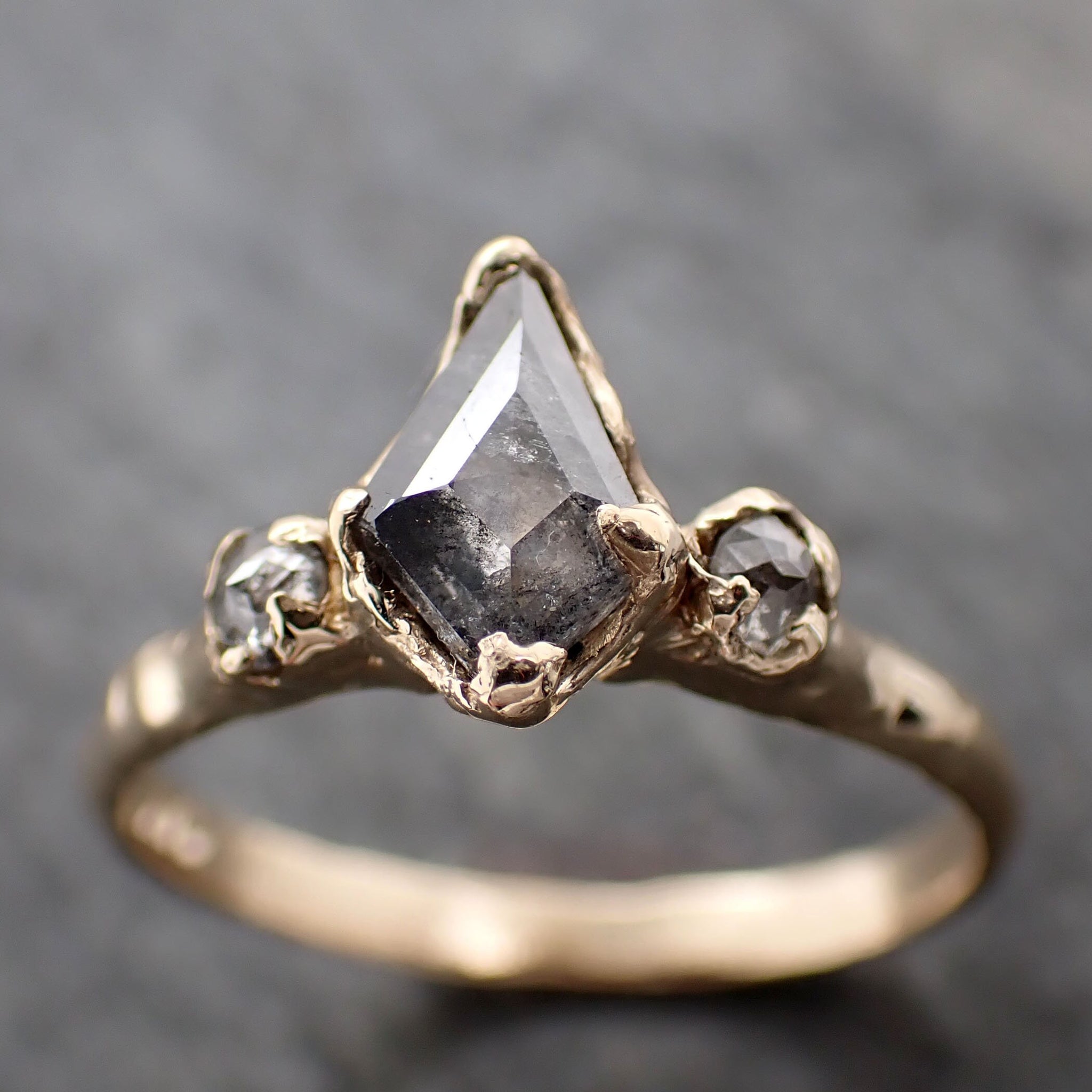 Fancy cut Salt and Pepper Diamond Engagement 14k Yellow Gold Multi stone Wedding Ring Stacking Rough Diamond Ring byAngeline 3247
