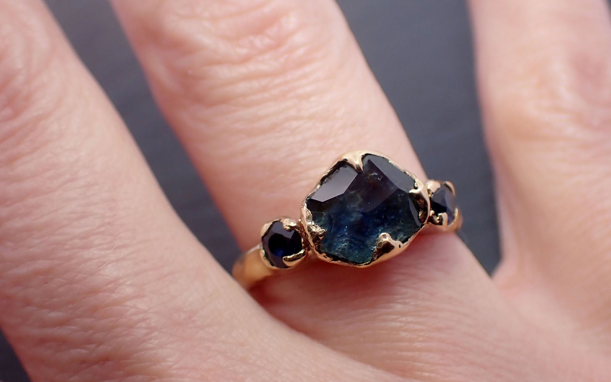Partially faceted blue Montana Sapphire and fancy sapphires 18k Yellow Gold Engagement Wedding Ring Gemstone Ring Multi stone Ring 3278