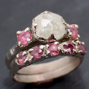 Fancy cut white Diamond multi stone Rubies Engagement 14k White Gold Wedding Set Ring Rough Diamond Ring byAngeline 3288