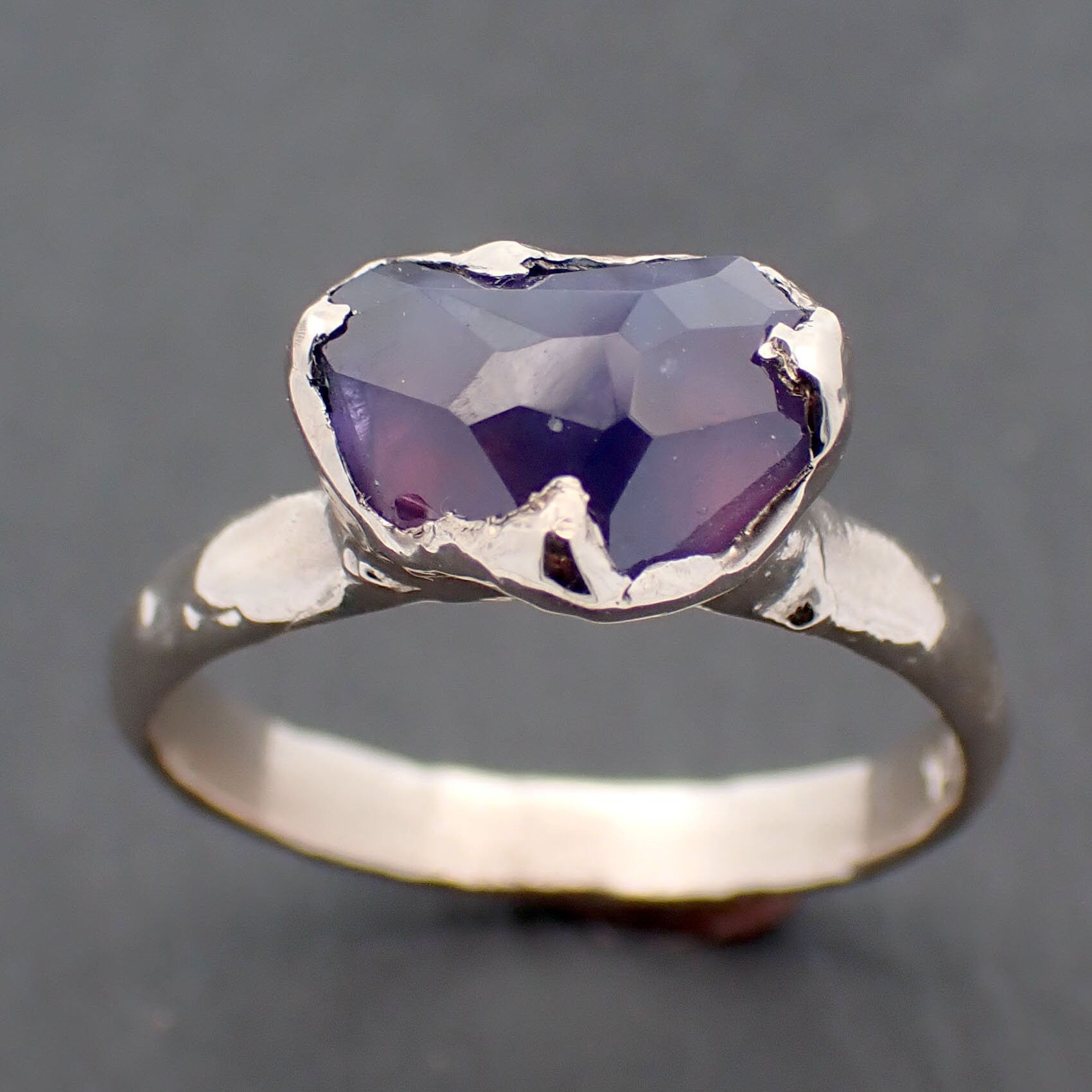 Partially Faceted purple Sapphire Solitaire 14k white Gold Cocktail Custom One Of a Kind Gemstone Ring 3293