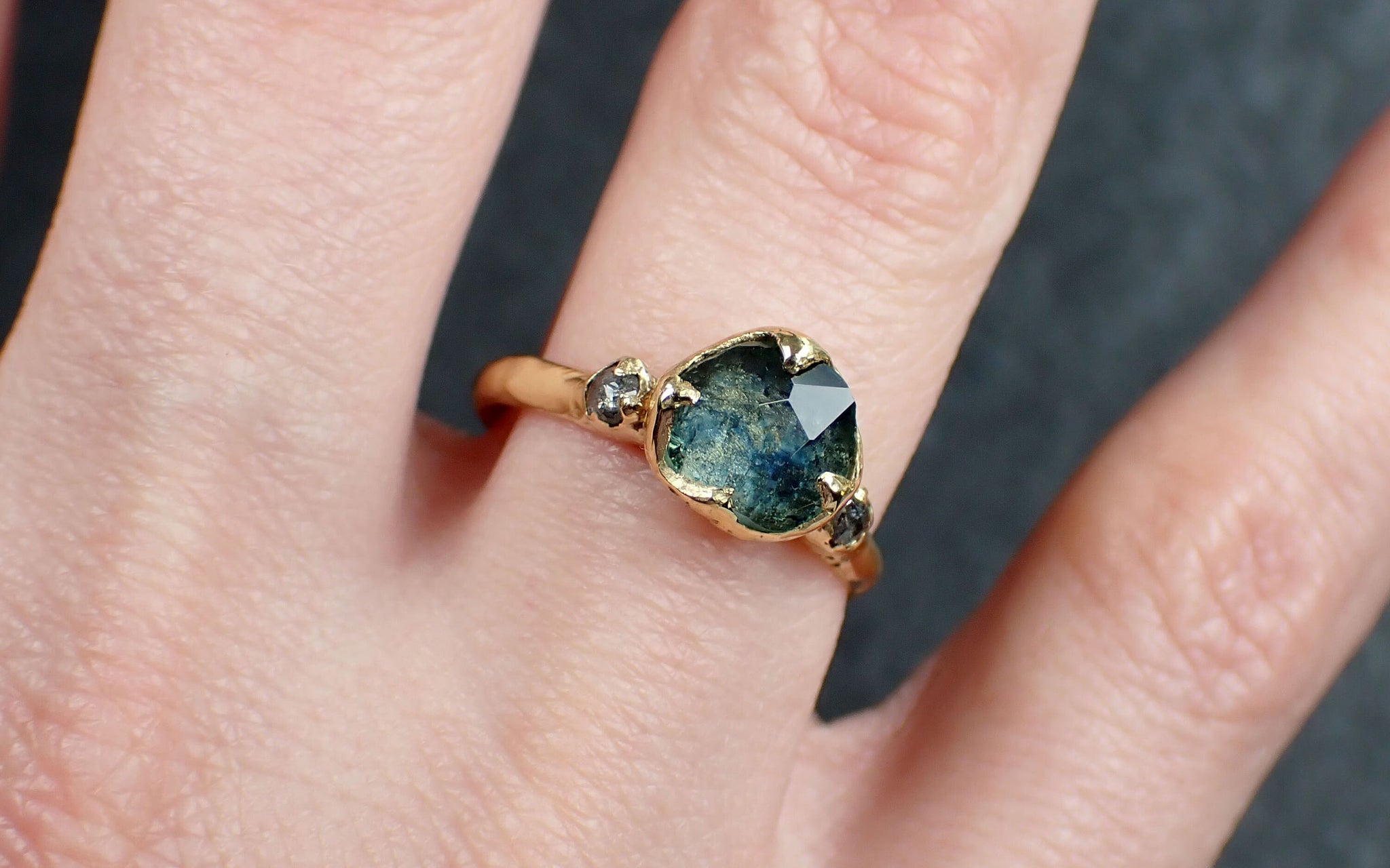 Partially faceted blue green Montana Sapphire salt and pepper Diamond 18k Yellow Gold Engagement Wedding Gemstone Multi stone Ring 3297
