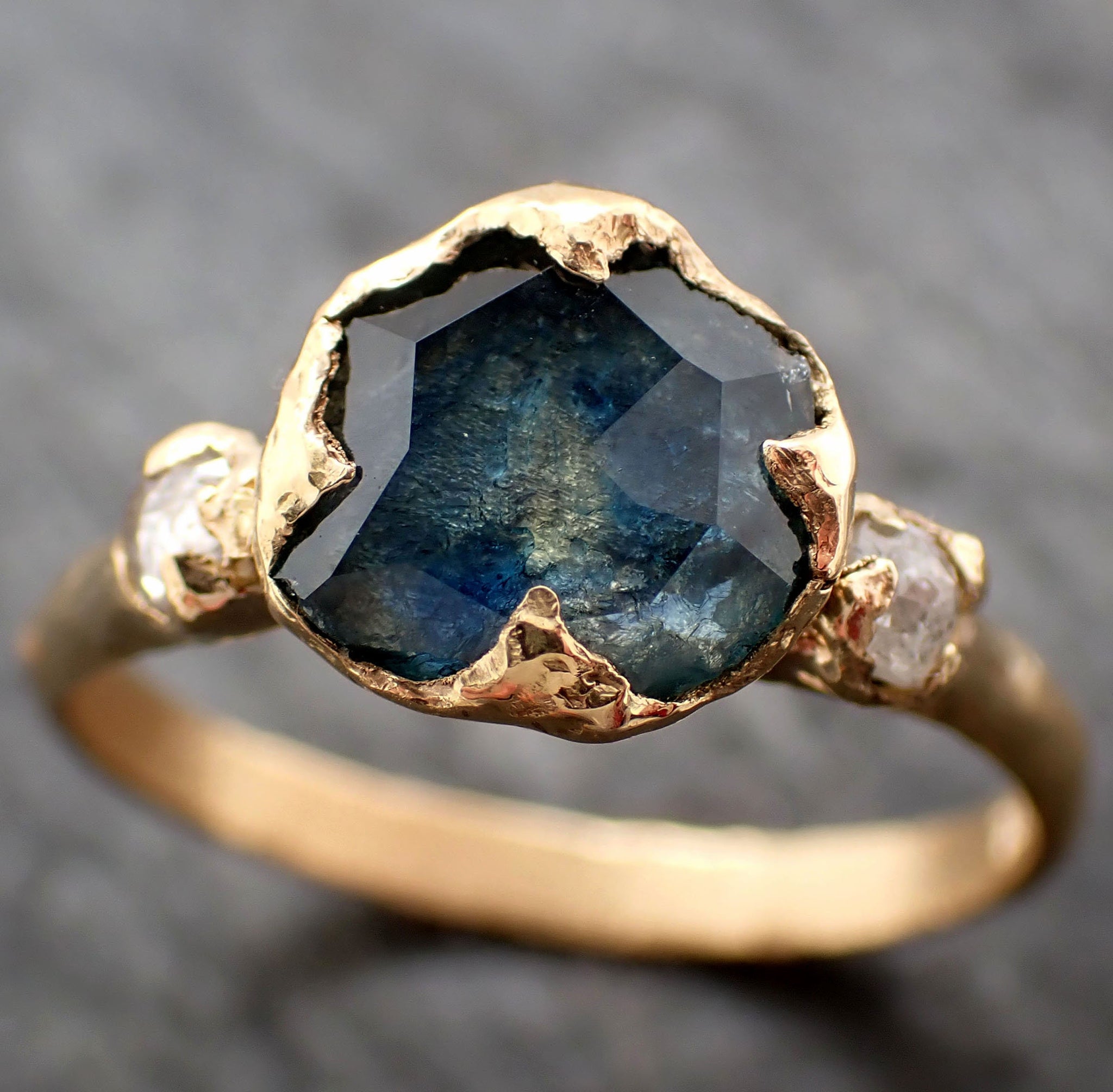 Partially faceted blue green Montana Sapphire and fancy Diamonds 18k Yellow Gold Engagement Wedding Ring Gemstone Ring Multi stone Ring 3269