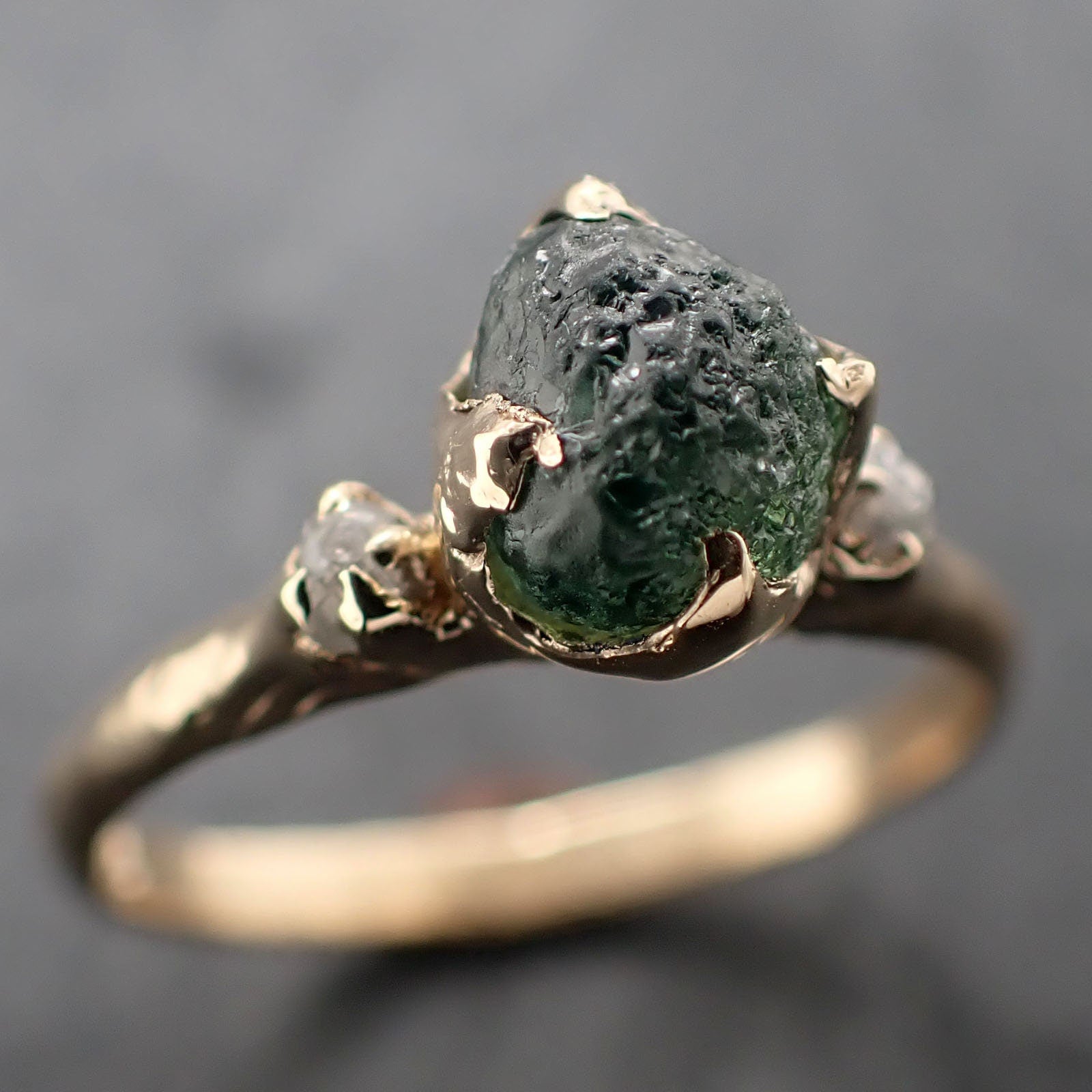 Raw green Montana Sapphire and rough diamonds Yellow 14k Gold Engagement Wedding Gemstone Multi stone ring 3305