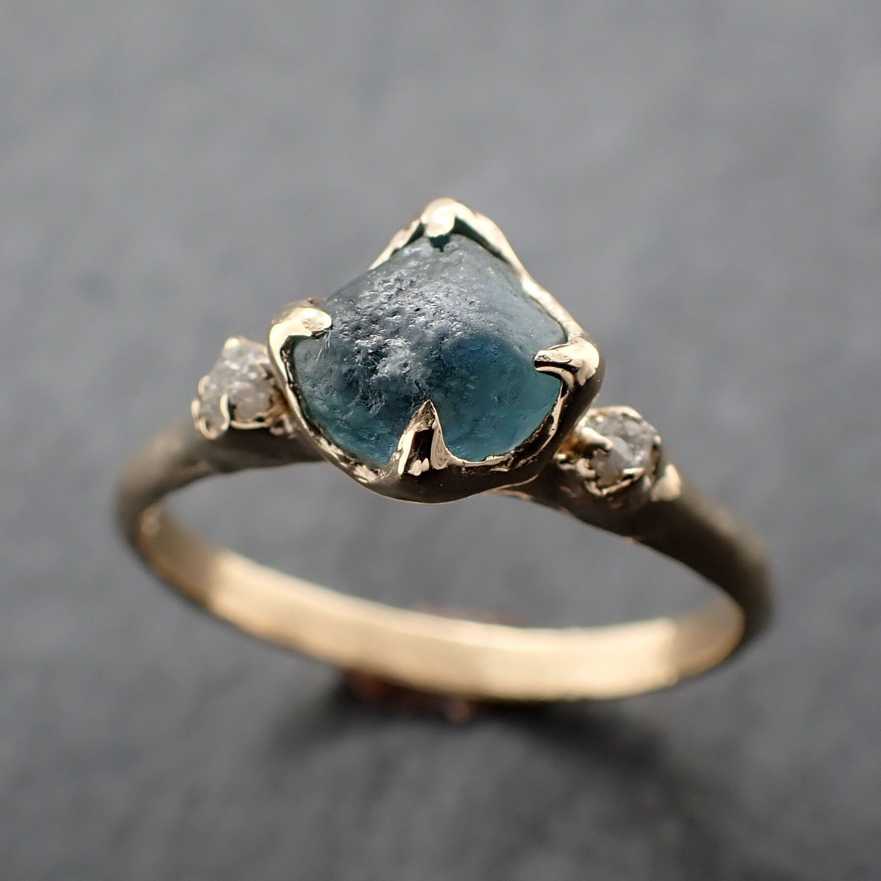 Raw Blue Montana Sapphire and rough diamonds Yellow 14k Gold Engagement Wedding Gemstone Multi stone 3310