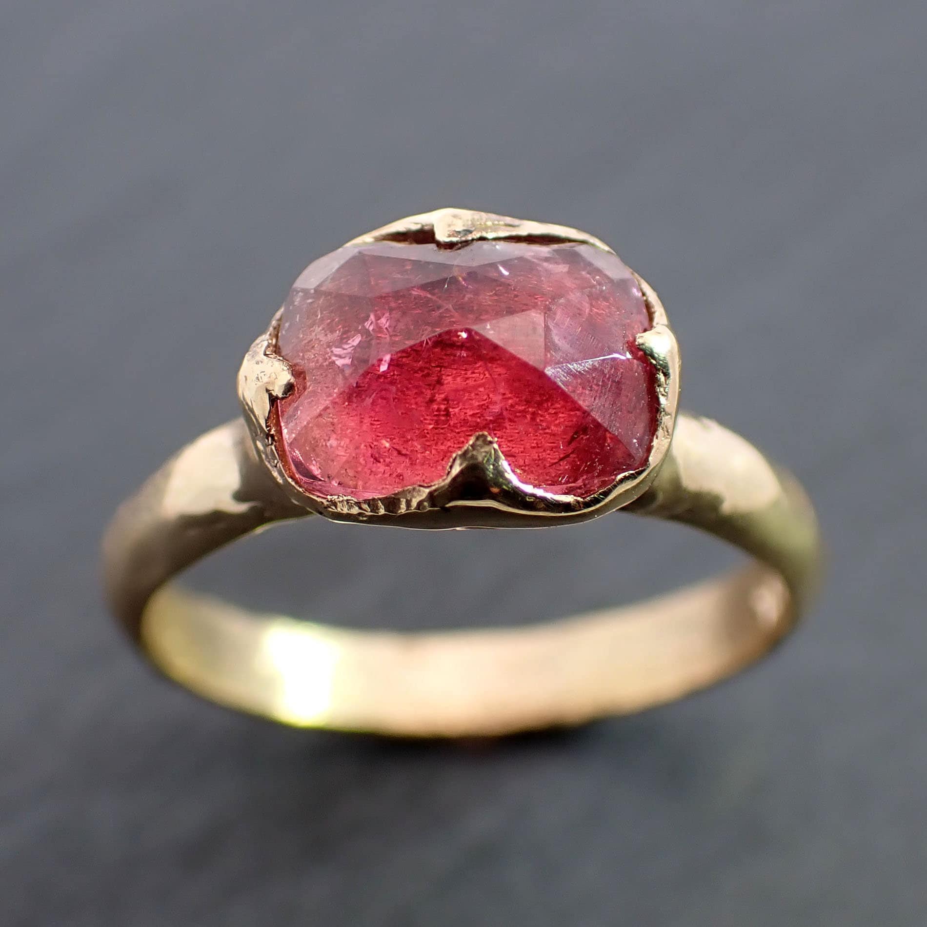 Fancy cut hot pink magenta Tourmaline Yellow Gold Ring Gemstone Solitaire recycled 18k statement cocktail statement 3273