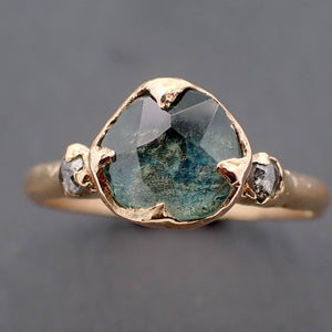 Partially faceted blue green Montana Sapphire salt and pepper Diamond 18k Yellow Gold Engagement Wedding Gemstone Multi stone Ring 3297