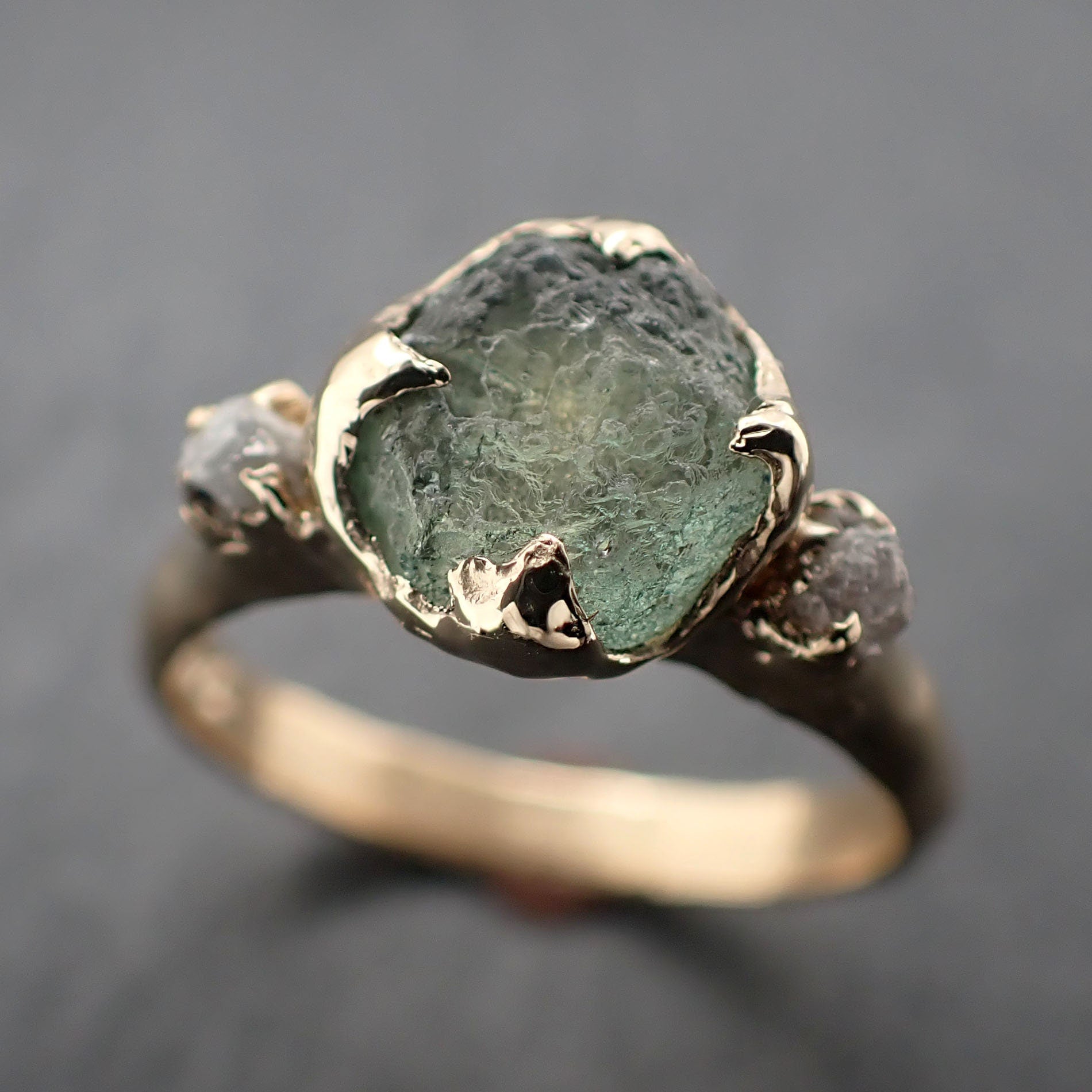 Raw green Montana Sapphire and rough diamonds Yellow 14k Gold Engagement Wedding Gemstone Multi stone 3302