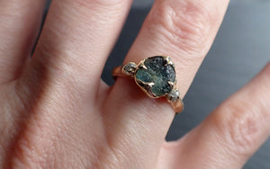 Raw blue green Montana Sapphire and rough diamonds Yellow 14k Gold Engagement Wedding Gemstone Multi stone 3303