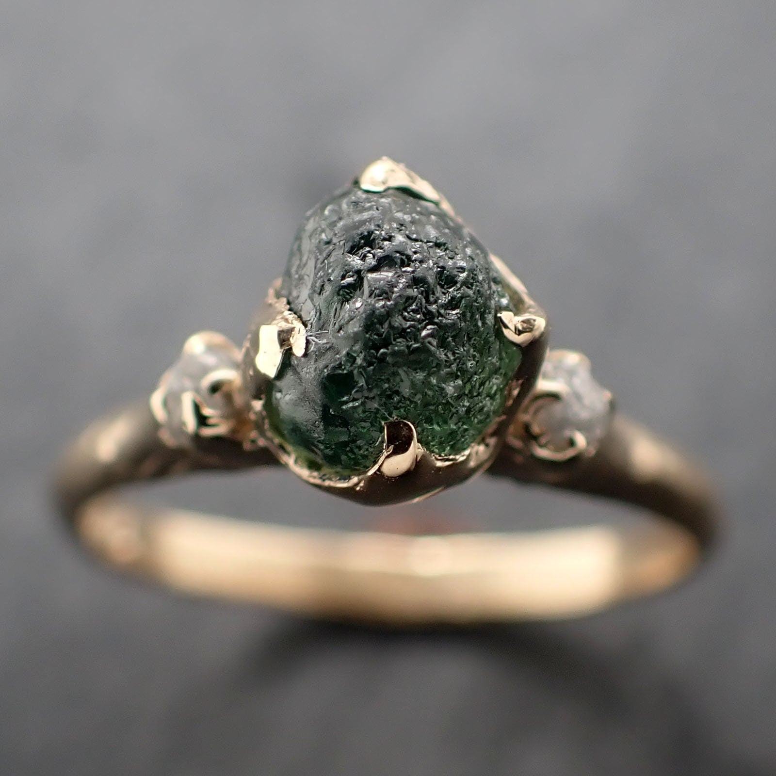 Raw green Montana Sapphire and rough diamonds Yellow 14k Gold Engagement Wedding Gemstone Multi stone ring 3305
