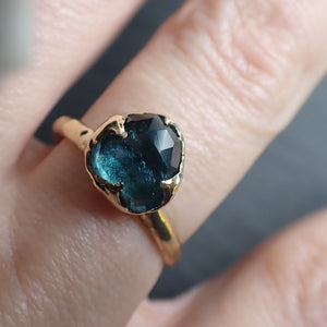 Fancy cut Indicolite Tourmaline Yellow Gold Ring Gemstone Solitaire recycled 14k statement ring 3319