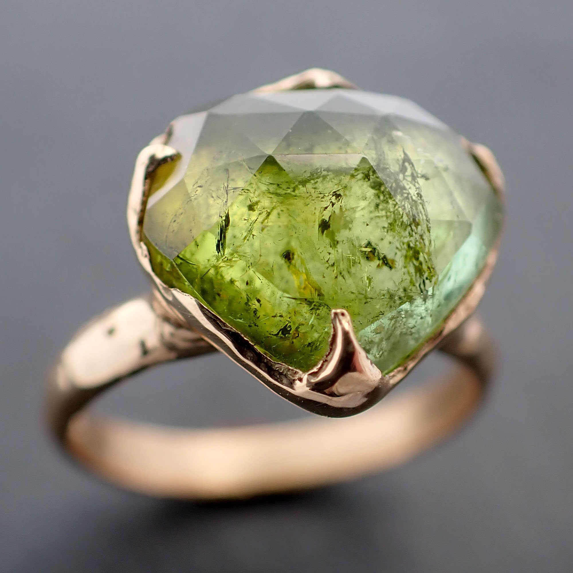 Green Tourmaline Yellow 18k Gold Ring Gemstone Solitaire Fancy cut recycled statement / cocktail 3359