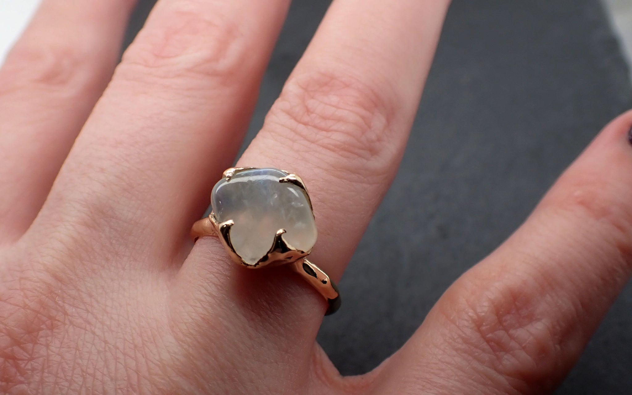 Moonstone Yellow 14k Gold Ring Gemstone Solitaire recycled tumbled statement cocktail 3361
