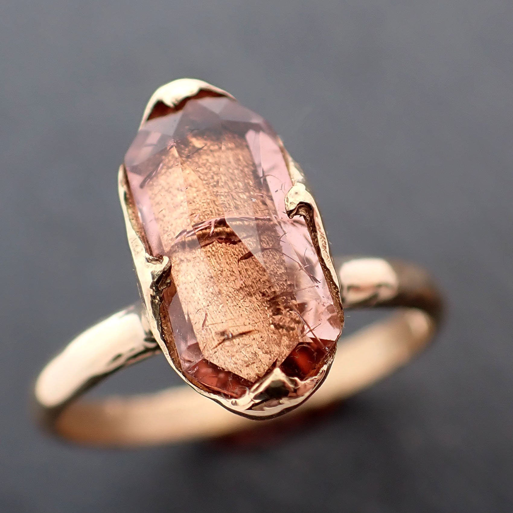 Tourmaline Yellow 18k Gold Ring Fancy cut peach color Gemstone Solitaire recycled statement cocktail statement 3366