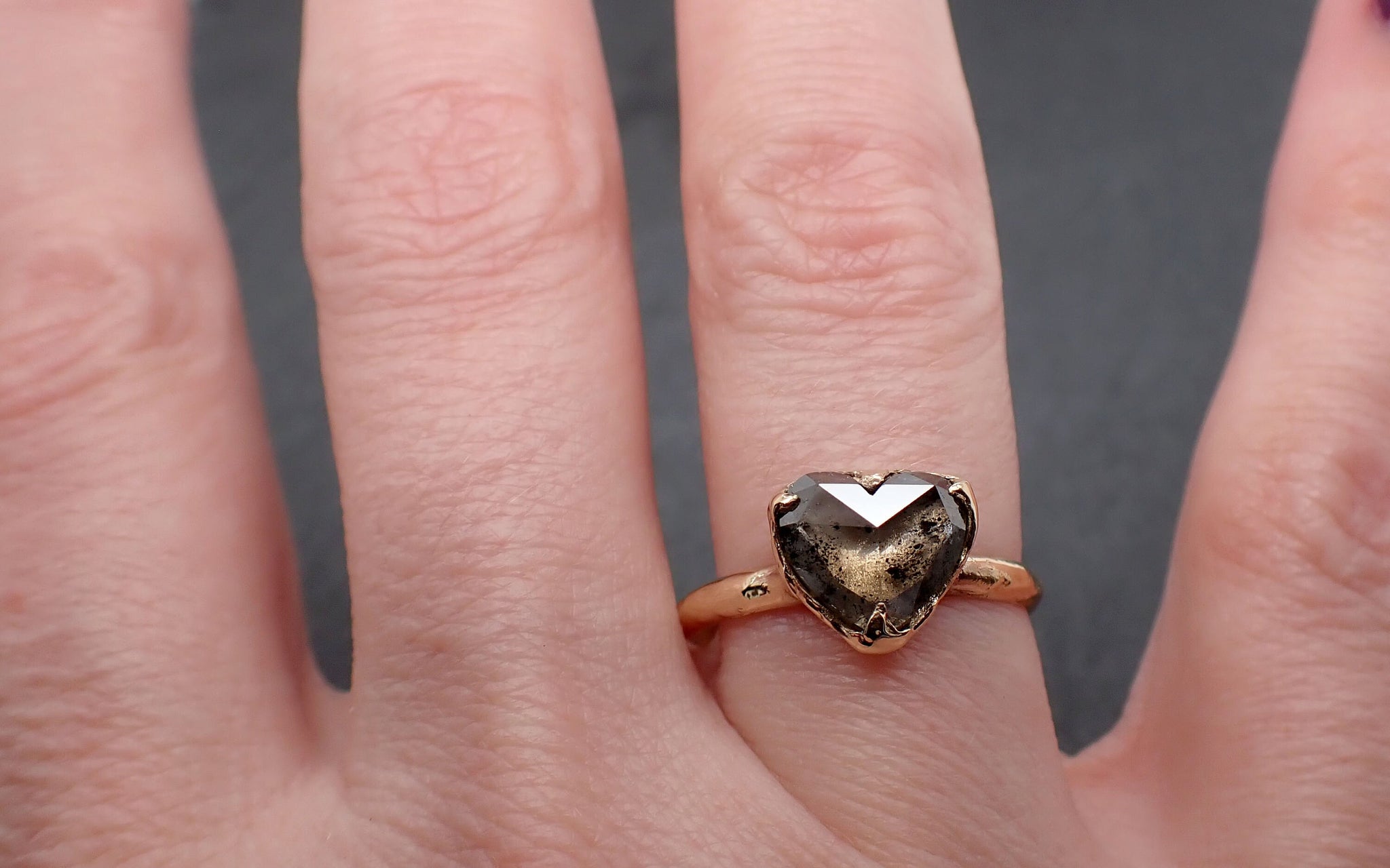 heart shape Salt and pepper Diamond Solitaire Engagement 18k yellow Gold Wedding Ring byAngeline 3346