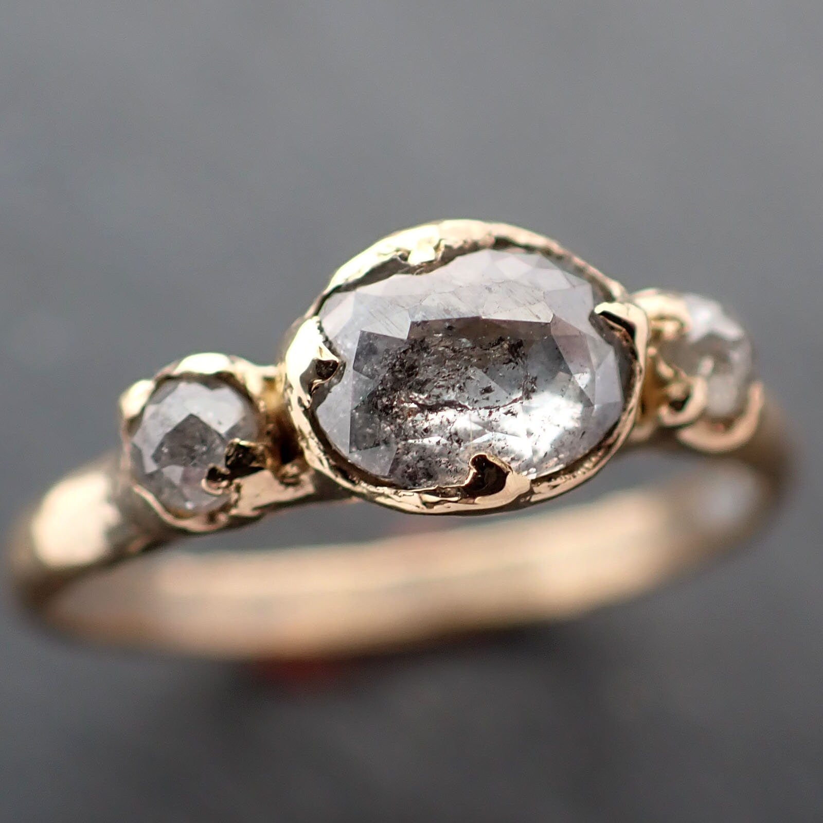 Fancy cut Salt and Pepper Diamond Engagement 18k Yellow Gold Multi stone Wedding Ring Stacking Rough Diamond Ring byAngeline 3373